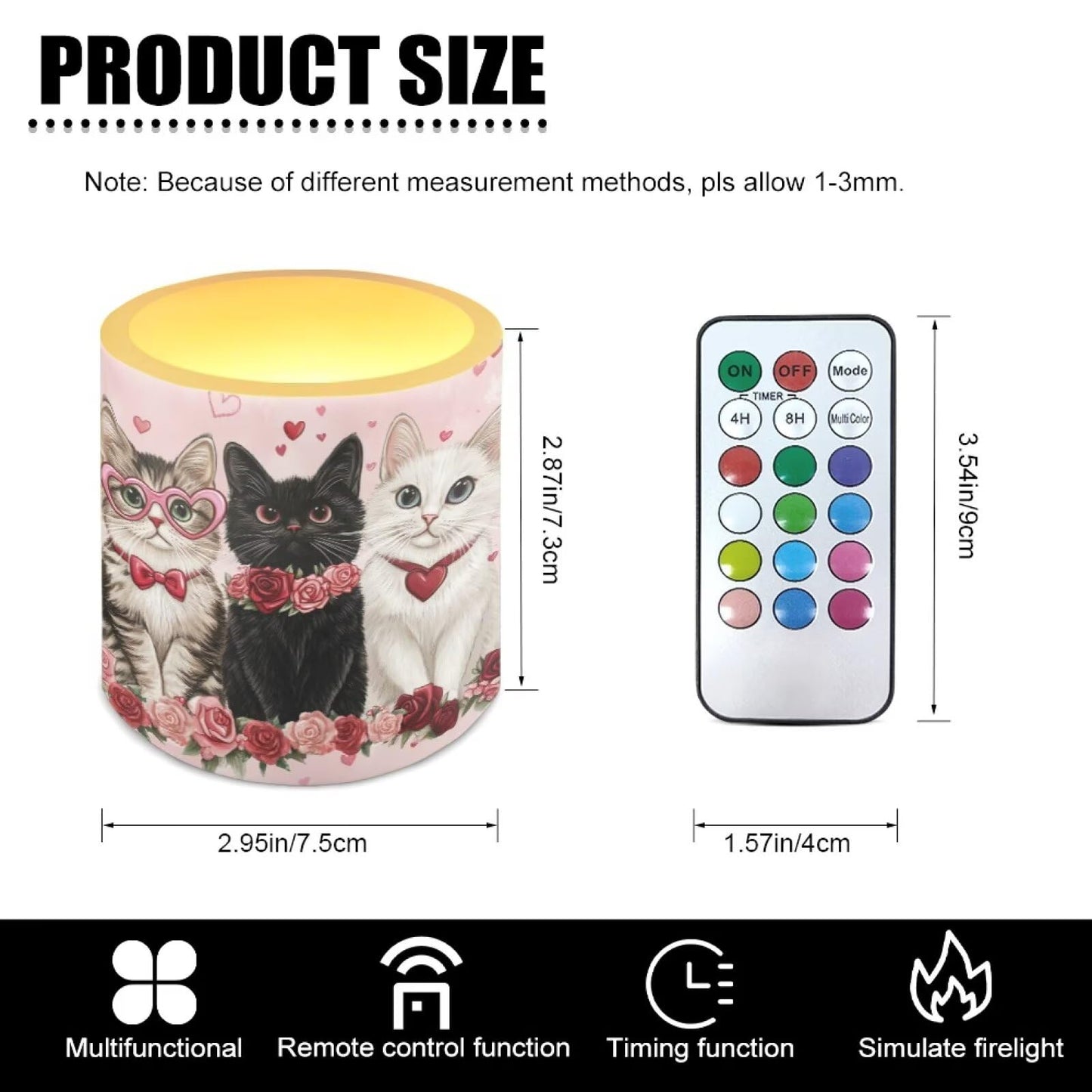 Merkmak 4Pcs LED Candles Bulk Flickering Flameless Candles with Remote and Timer Floral Cat Battery Operated Pillar Tea Lights for Valentines Day Banquet Wedding Home Decorations