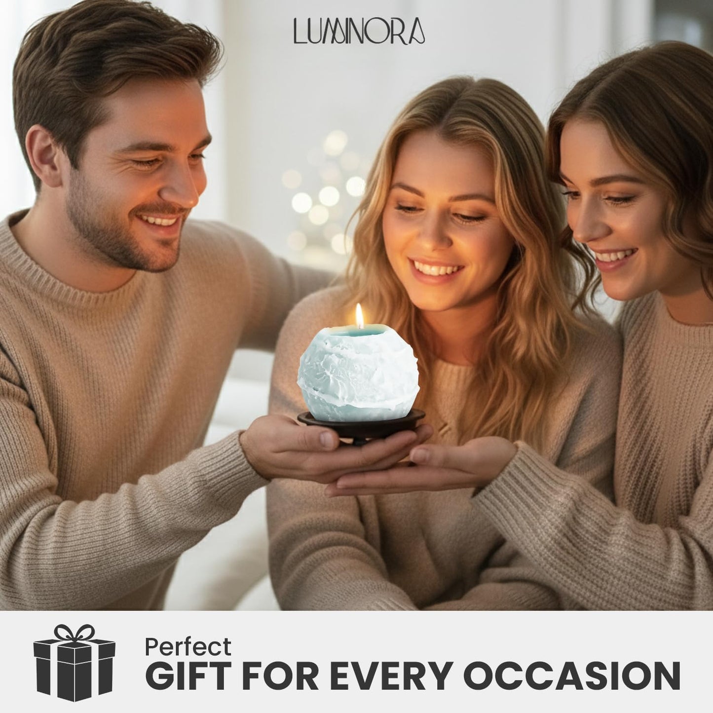 Luminora Spiral Candle with Hollow Round Design, Sculptural Wax Decor Gift, Unique Wick Flame Path, Modern Accent Piece for Shelf, Table, Mantel, and Entryway Display Set (Blue, Ocean Scented)