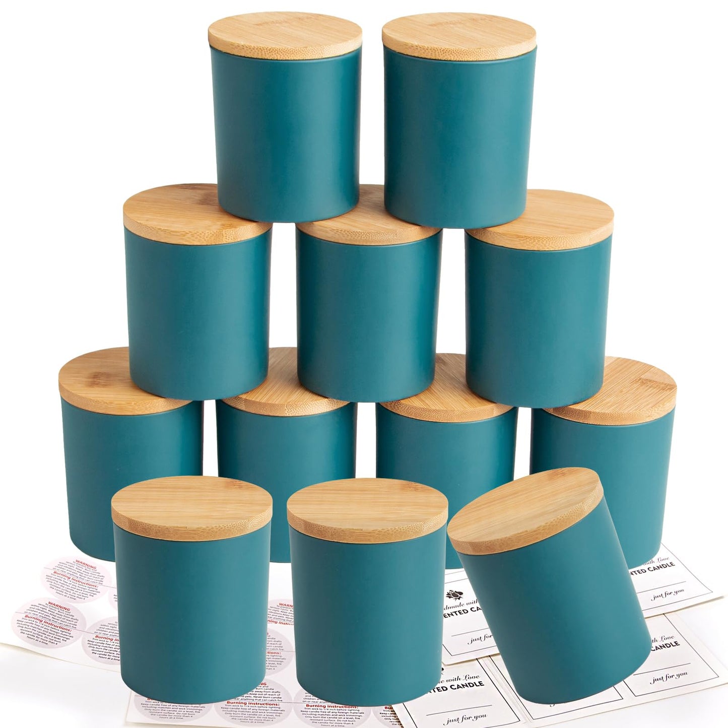 CONNOO 12 Pack 10 OZ Navy Blue Glass Candle Jars for Making Candles with Airtight Bamboo Lids Nice Sticky Warning Labels for Candle Making Empty Container Bulk - Dishwasher Safe