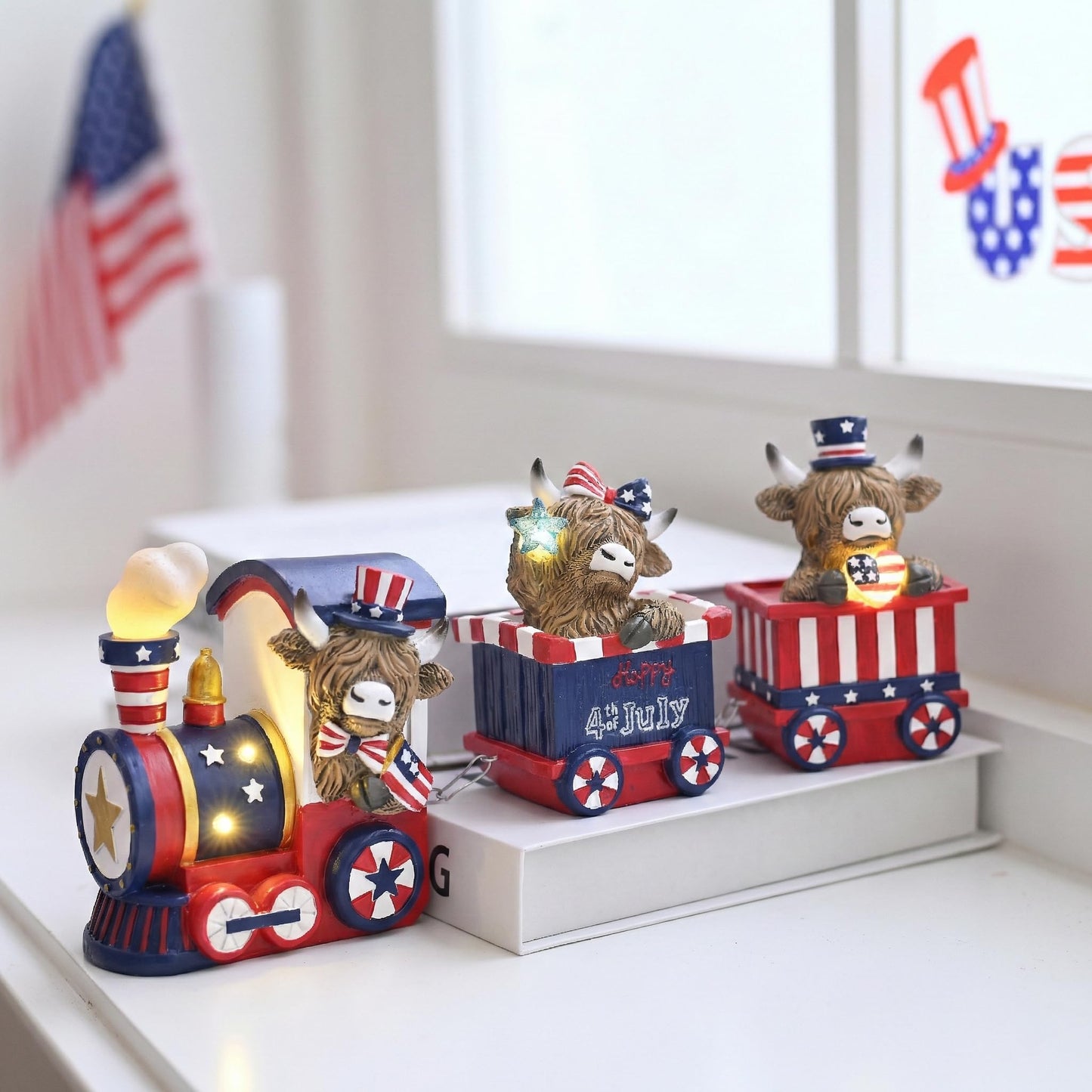 Valery Madelyn 4th of July Highland Cow Train Decorations Lighted LED Memorial Day Decor for Home, High Mountain Yak Train Figurines Red White and Blue Decorations, Patriotic USA 250th Anniversary