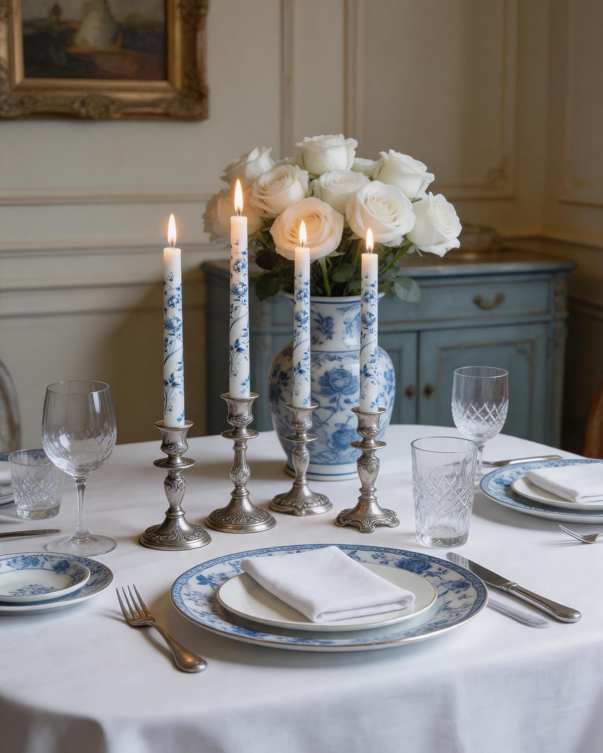 MAITREYA Chinoiserie Taper Candles Blue and White Chinoiserie Decor Candlesticks for Wedding Party Home Table Centerpiece Christmas Halloween Gifts-10Inch,4 Pcs,Peony