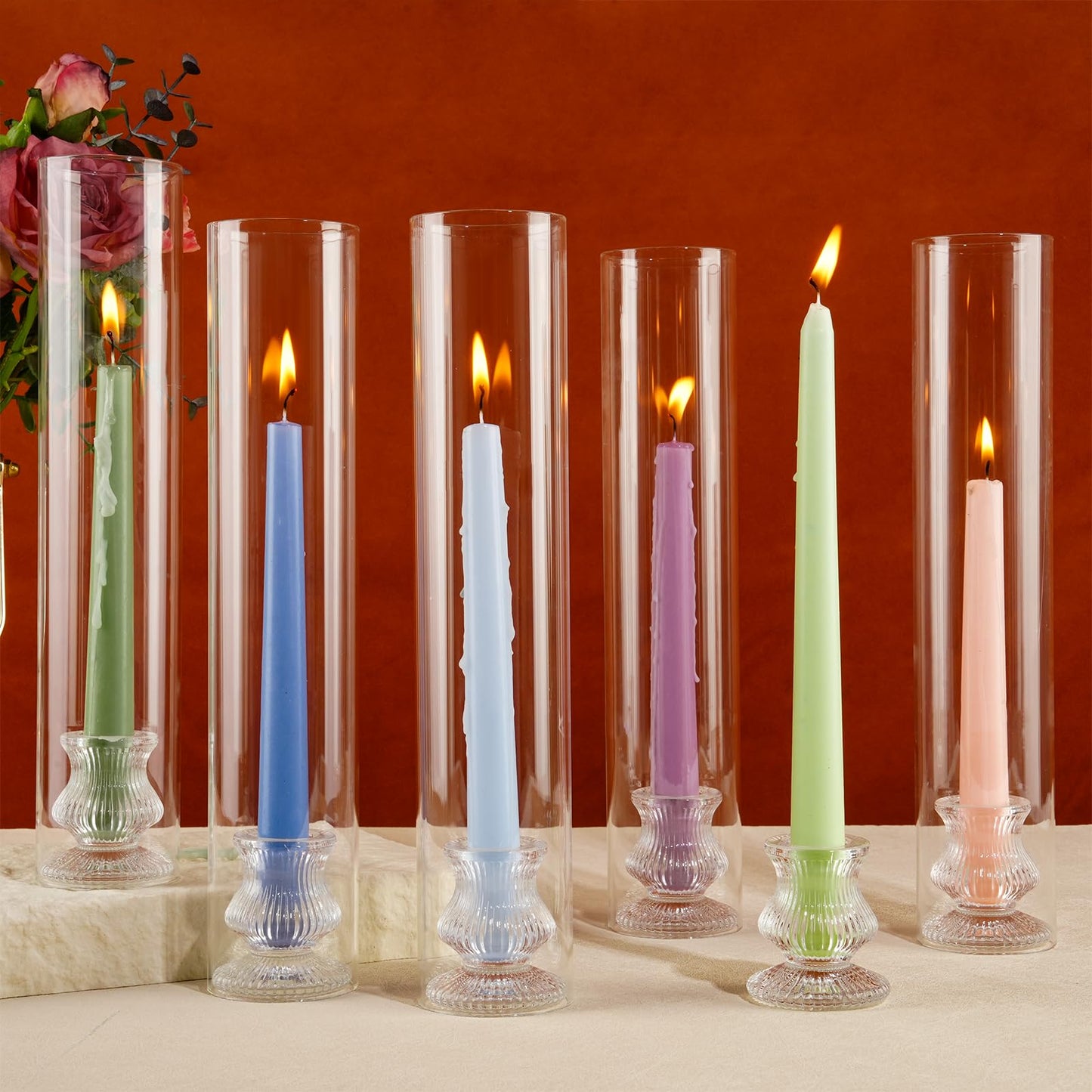Hurricane Glass Candle Holders 10Pcs Fluted Candlestick Holders for Taper Candles with Cylinder Covers Crystal Candle Sticks Holder Decor for Wedding Birthday Christmas Table Decoration