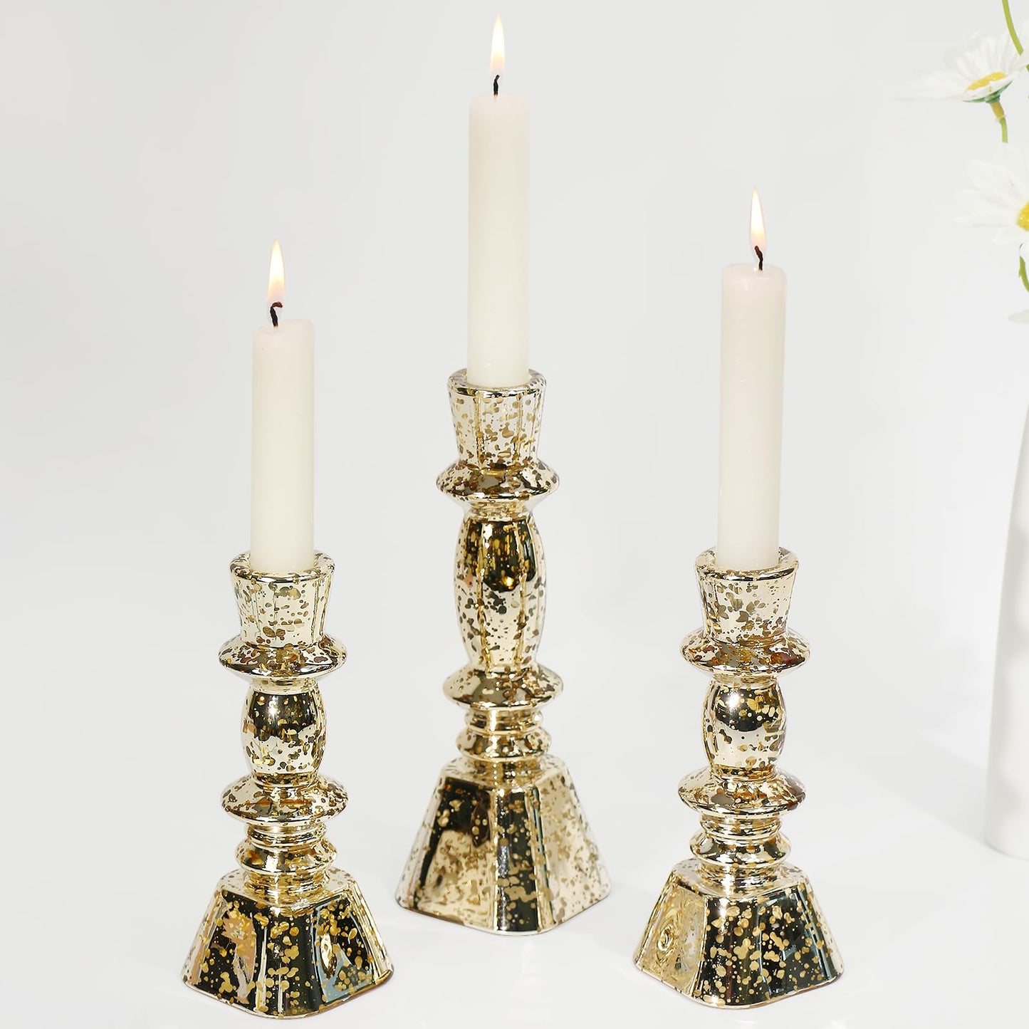 CHOCSTAY Glass Candlestick Holders Set of 3,Mercury Glod Taper Candle Holders for Table Centerpiece, Home Decorations, Wedding and Party