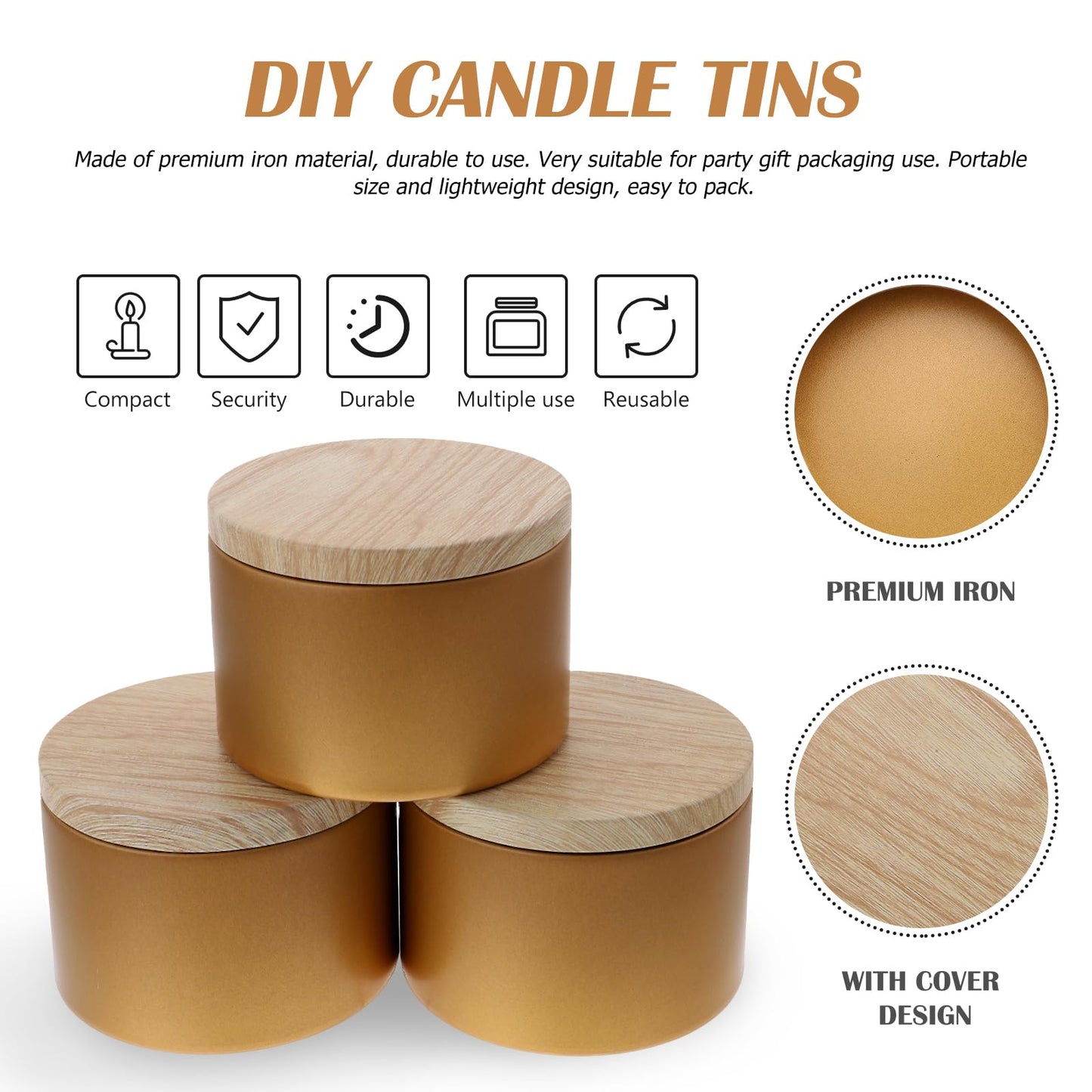 EXCEART Iron Candle Tins with Lids 3Pcs Reusable Candle Jars Tea Tin Cans Storage Bowls Black stick Holders Spa Holders Sconce Making Tinplates