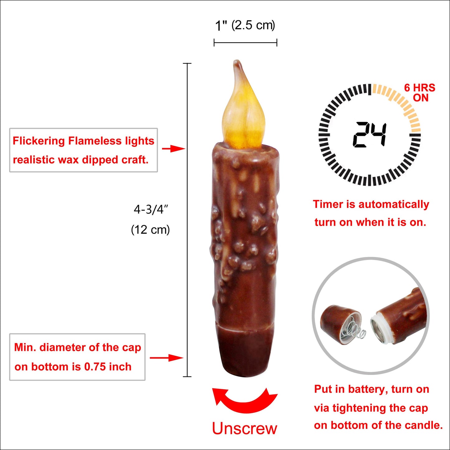 CVHOMEDECO. Real Wax Hand Dipped Battery Operated LED Timer Taper Candles Country Primitive Flameless Lights Décor, 4-3/4 Inch, Coffee, 2 PCS in a Package