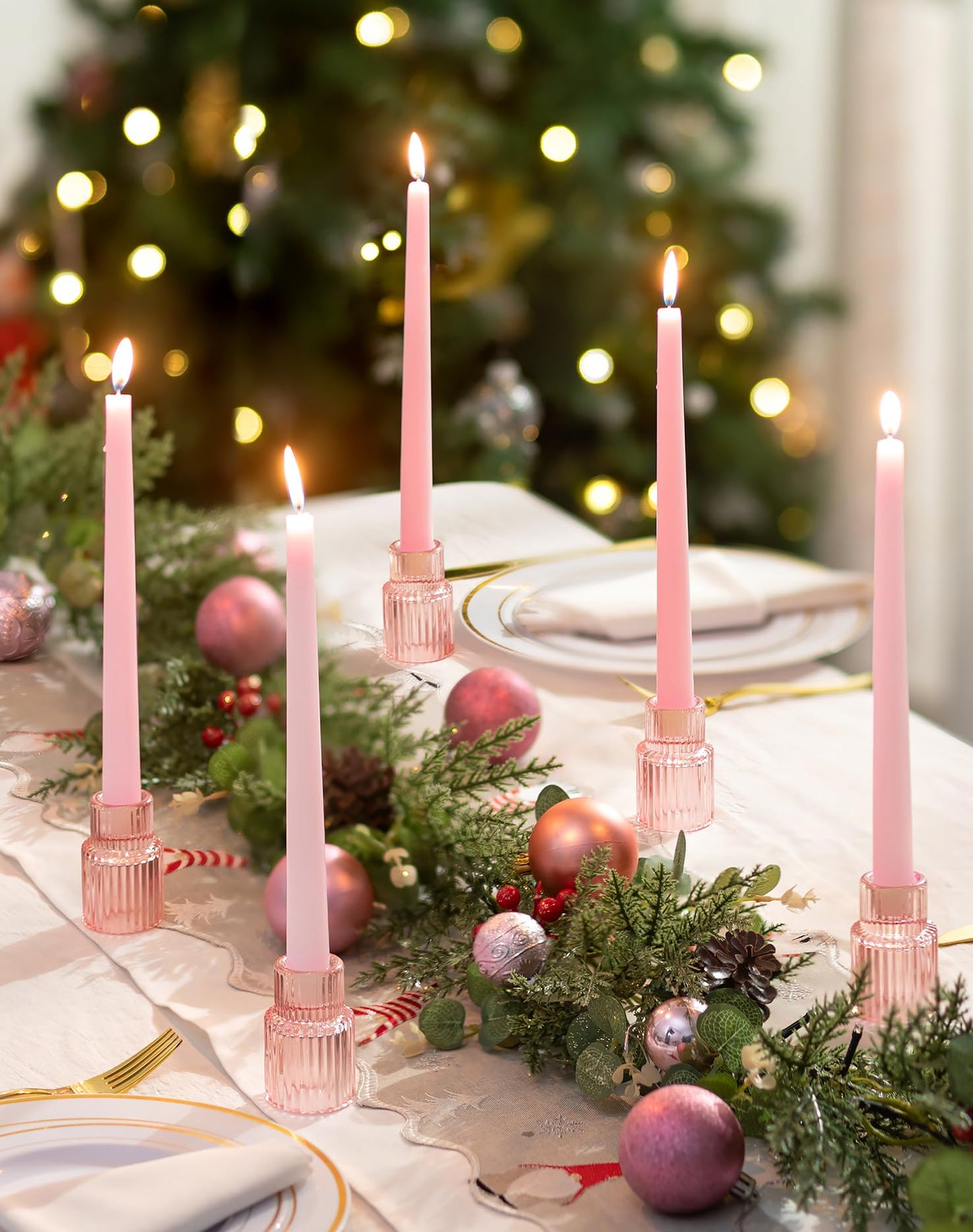 Romadedi Pink Glass Candle Holders - 10 Pcs Ribbed Candlestick Holder Bulk for Table Centerpiece Elegant Taper Holder for Wedding Birthday Party Baby Showers Valentines Mother's Day Christmas