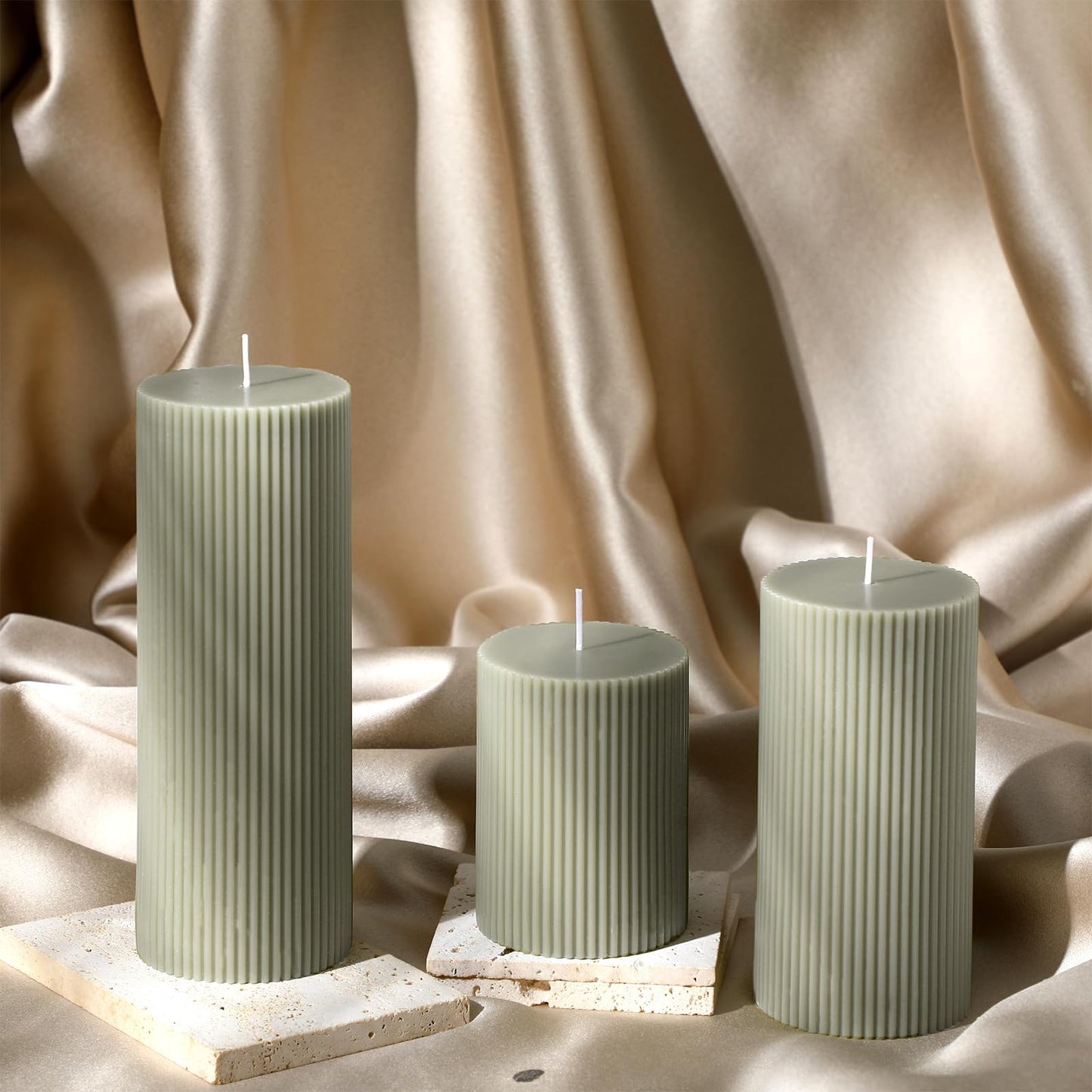 Conelist Ribbed Pillar Candles Set of 3, Width 3" High 4" 6" 8" Large Soy Wax Orchids Scented Pillar Candles Aesthetic Ribbed Modern Home Decor for Bathroom Living Room(Bean Green)
