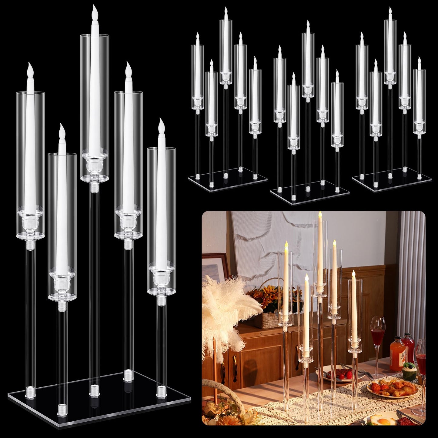 Hushee 4 Set 5 Arms Acrylic Candelabras Centerpieces with 20 Pcs LED Candles Clear Candle Holder Crystal Taper Candlestick with Rectangular Base for Dinner Party Table Fireplace Wedding Decoration