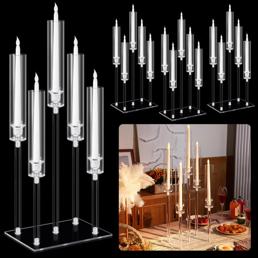 Hushee 4 Set 5 Arms Acrylic Candelabras Centerpieces with 20 Pcs LED Candles Clear Candle Holder Crystal Taper Candlestick with Rectangular Base for Dinner Party Table Fireplace Wedding Decoration
