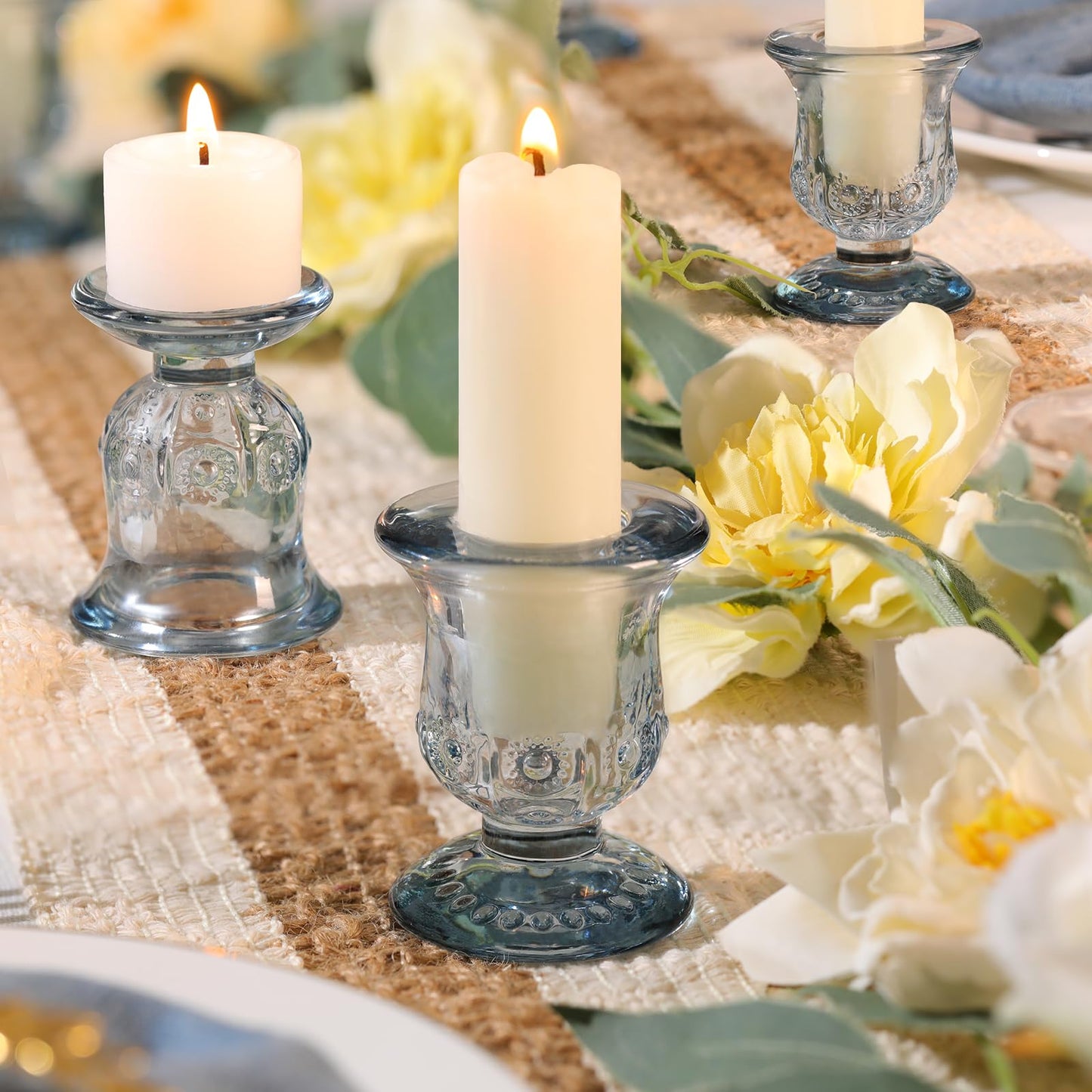 sunnyfuture 10pcs Blue Candlestick Holders, Glass Taper Candle Holders for Table Centerpiece Decor, Wedding, Birthday, Gift