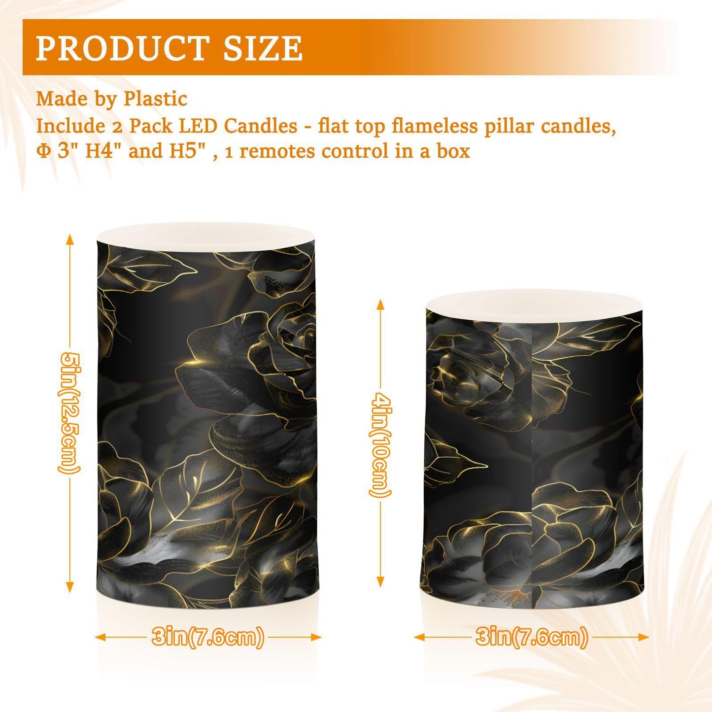 Rose Lights Flameless Candles Glitter Black Roses Pillar Candles Set of 2 Battery Operated Remote Control Warm Lights Home Decor