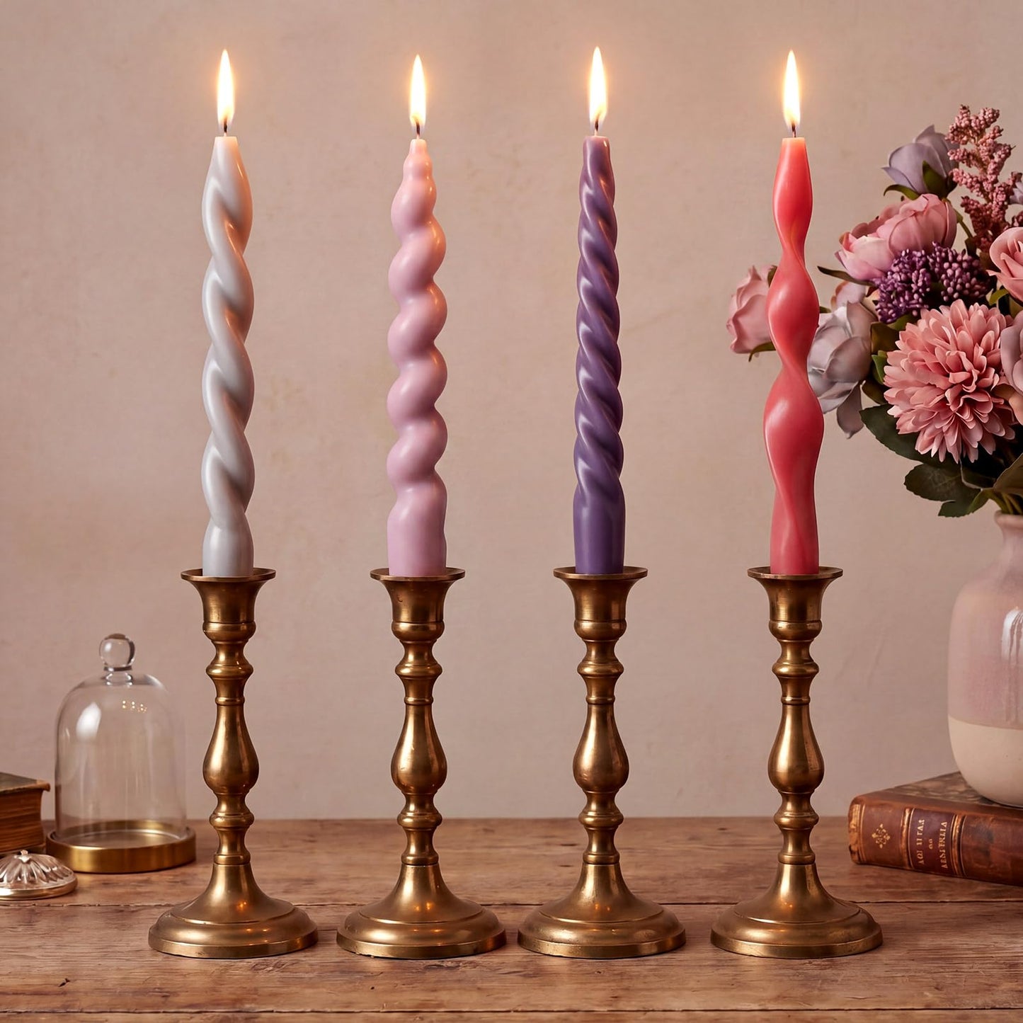 Nuanchu 4 Pcs Twisted Taper Candles Wax Unscented Smokeless Spiral Swirl Candlesticks for Wedding Holiday Dinner Party Home Decorations(7.87 Inch,Pure,Muted Pastels)
