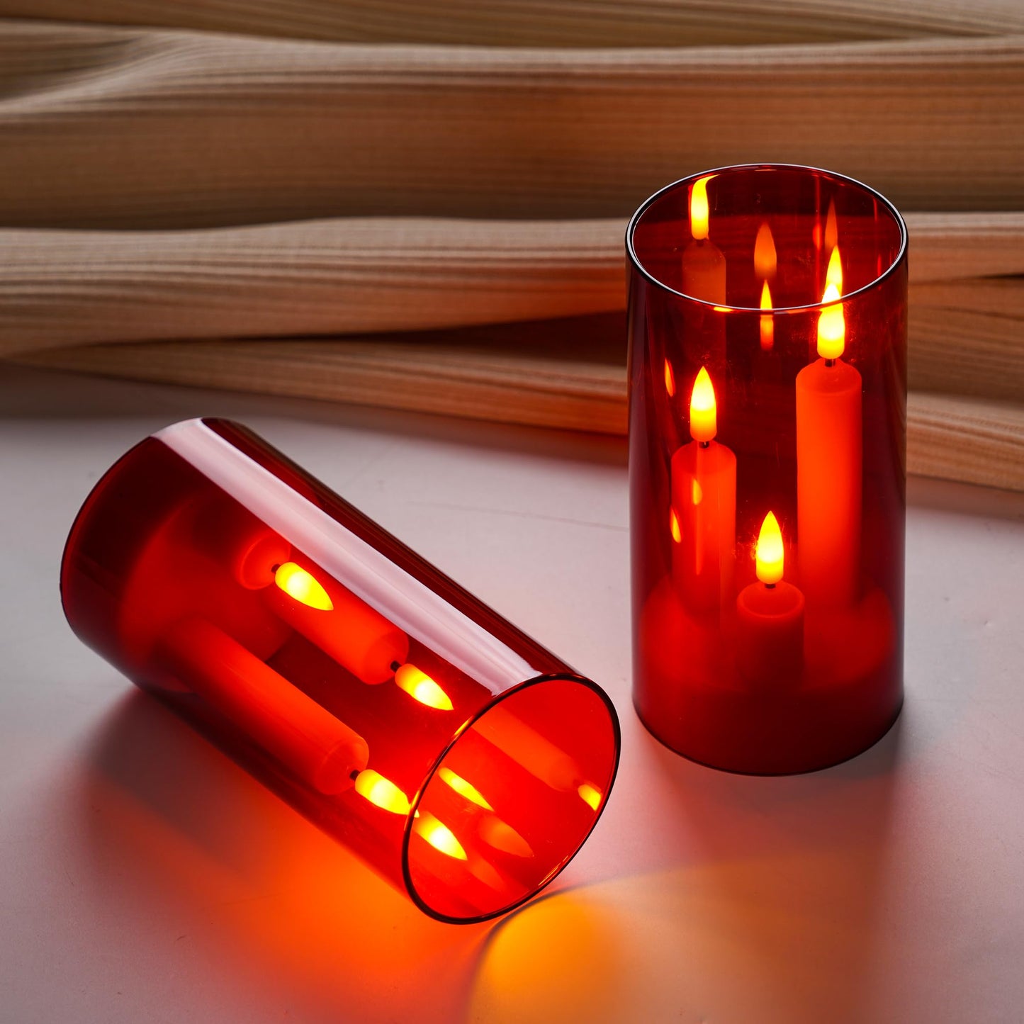 2 Pack 3D Wick Flameless Taper Candles, Red Transparent Acrylic Cover LED Flickering Candle Lights, Remote Control Battery Operated Electric Candles for Valentine Wedding Christmas Home Table Decor.