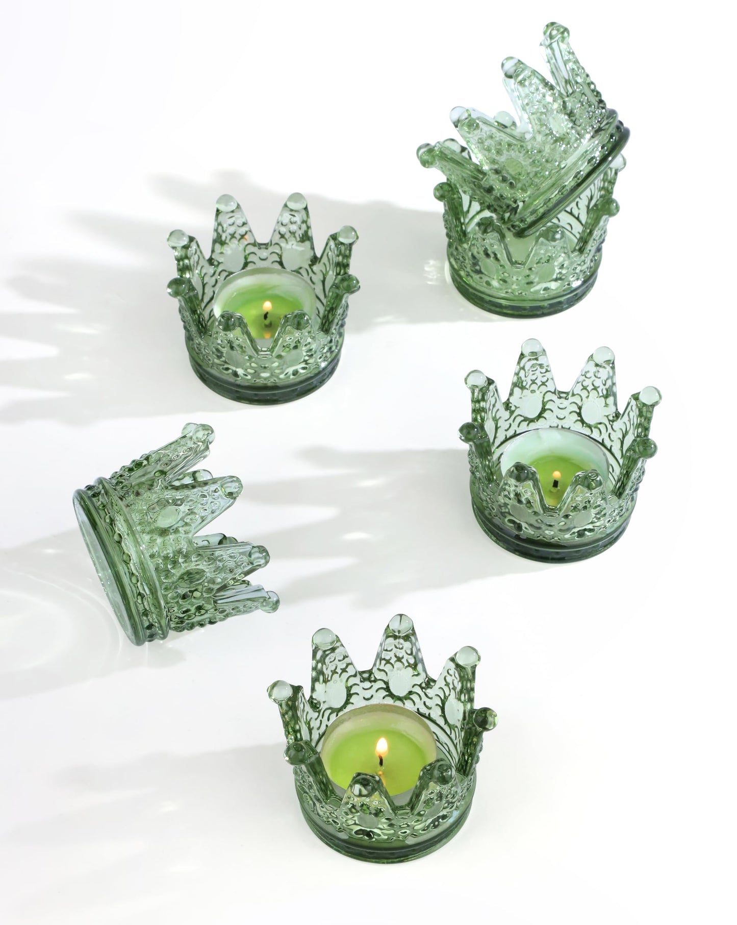 Vixdonos Votive Candle Holders Set of 6 Crown Glass Tealight Candle Holder for Wedding, Party and Home Decor(Green)