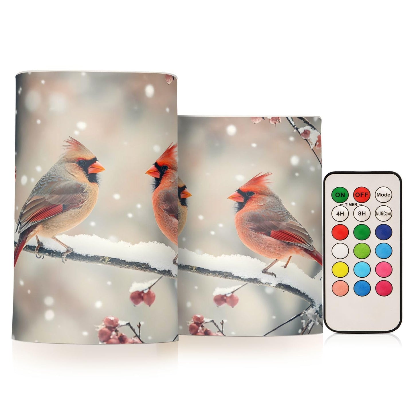 ALAZA Winter Red Birds Branch Snow Flickering Flameless Candles Battery Operated with Remote Timer,Tea Light Candles LED Pillar Votive Candles Set of 2 for Outdoor Indoor Decorations