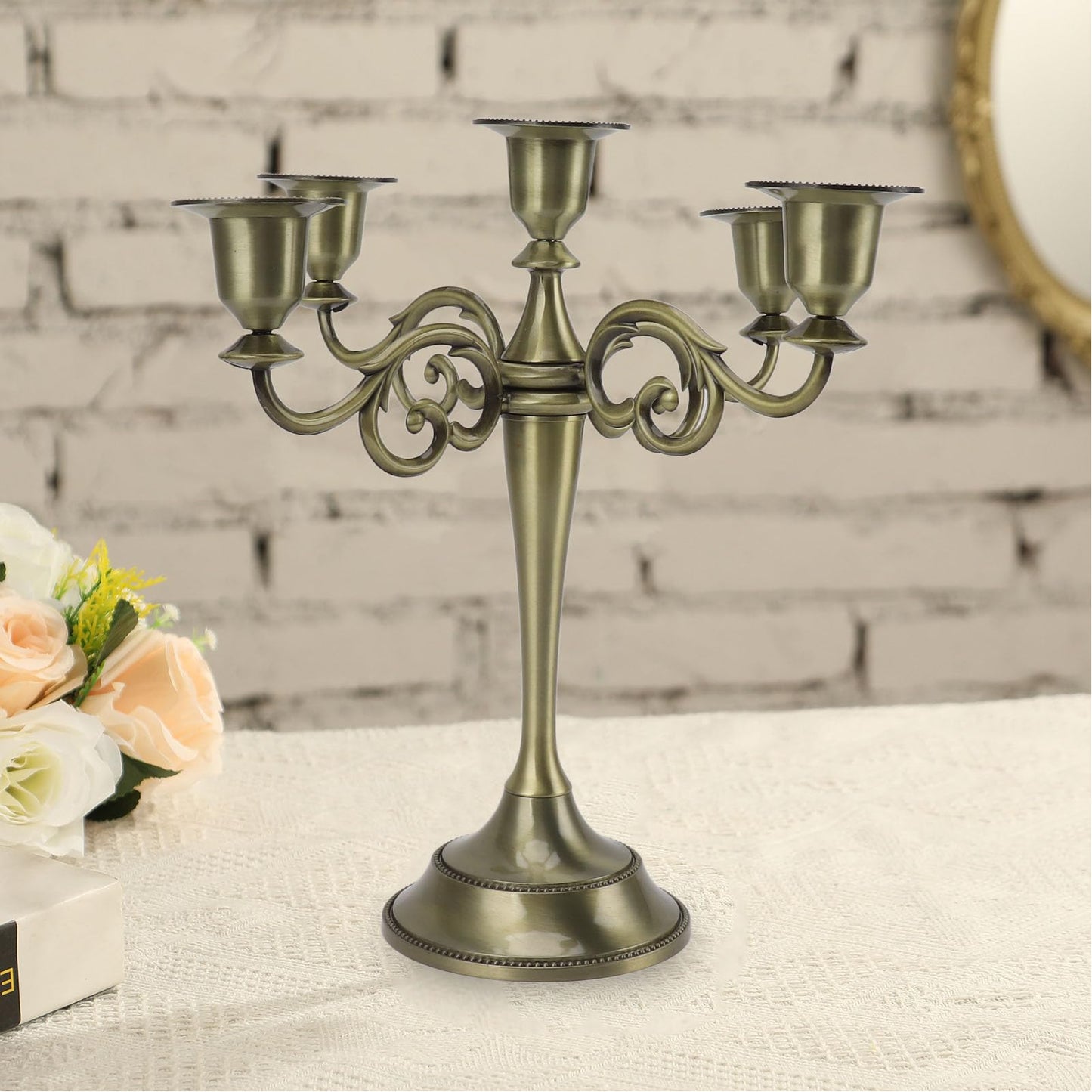 Pilipane 5 Arm Candlestick Holder Iron Retro Decorative Candle Holder Centerpiece for Home Church (Bronze)