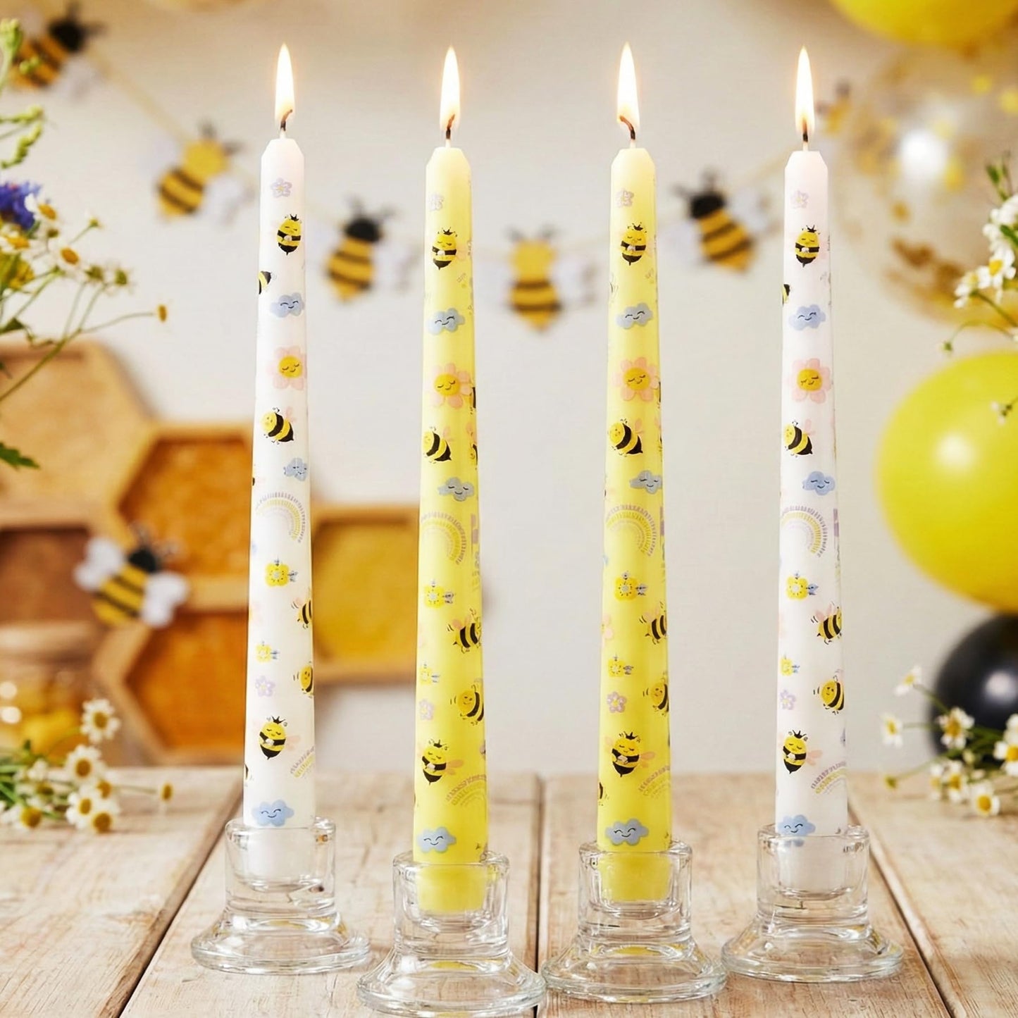 W&LESVAGO 10 Inch Yellow Bee Print Taper Candles, 4 Pack Unscented No-Drip Low-Smoke Long Wax Candlesticks for World Bee Day, Wedding, Party, and Dinner Table Decor (AY2)