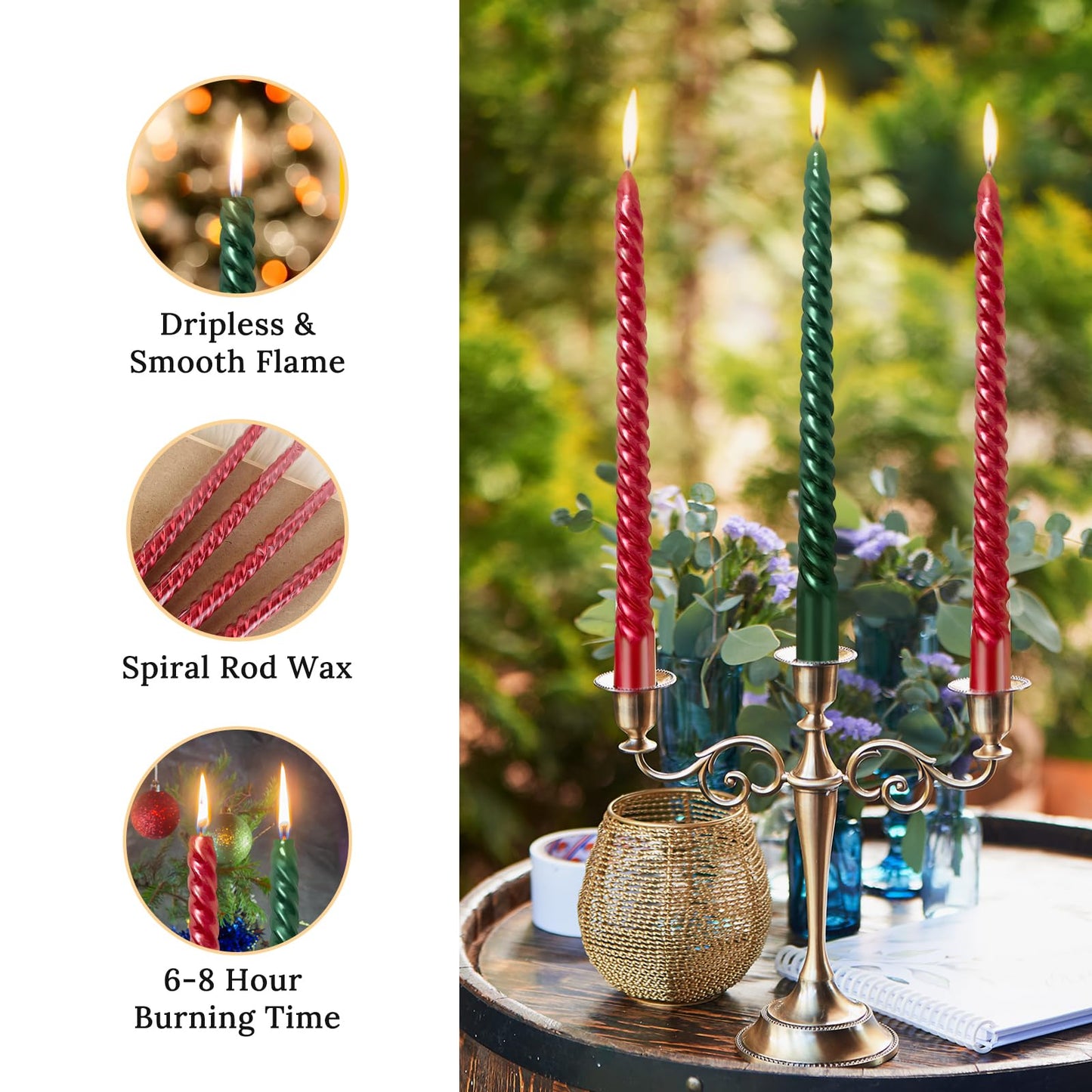 10 Inch Spiral Taper Candles Set for Christmas, 6 Green and 6 Burgundy Unscented Twisted Candlesticks, Dripelss Thin Tapered Candles for Holiday Party Decorations