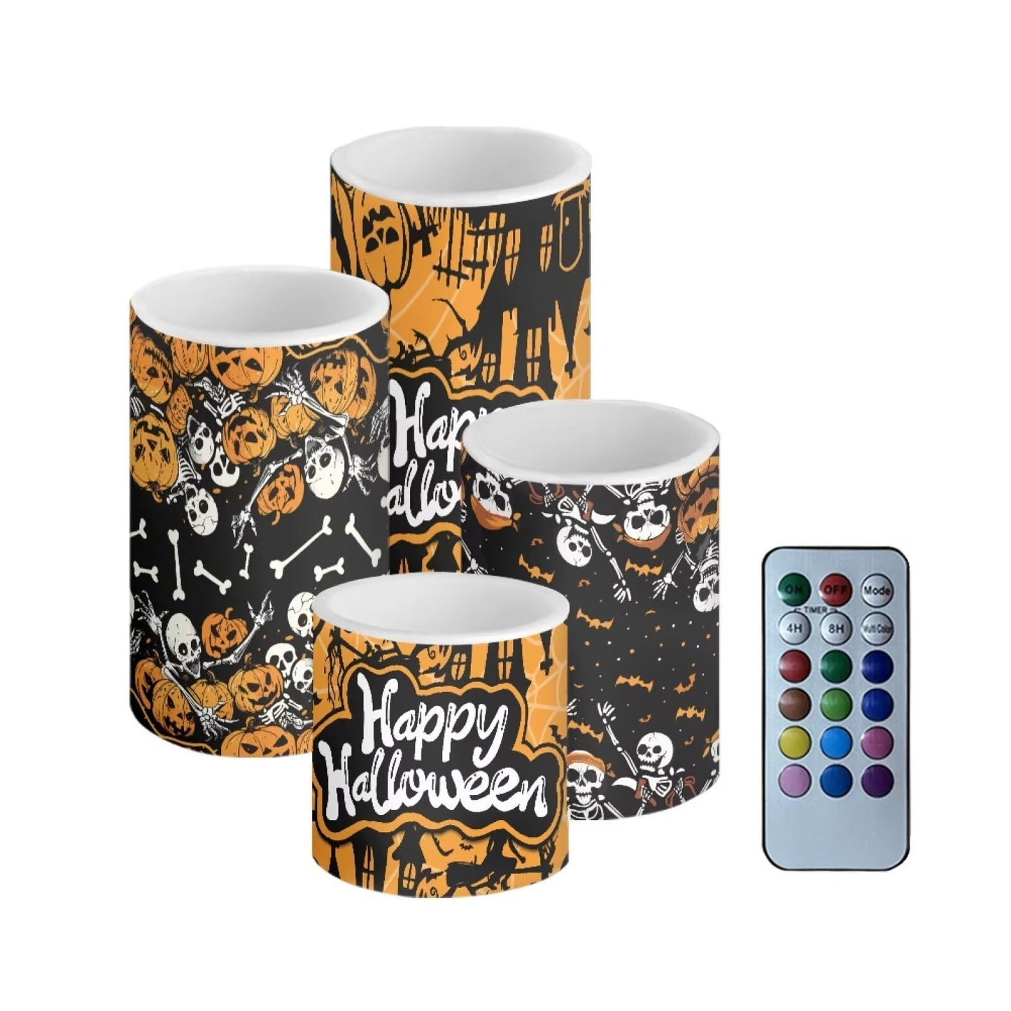 Merkmak 5.7" x 3" Battery Operated Flameless Candles with Timer Happy Halloween Skeleton LED Candles with Remote for Outdoor Indoor Decoration Electric 4Pcs Plastic Pillar Lights Bulk