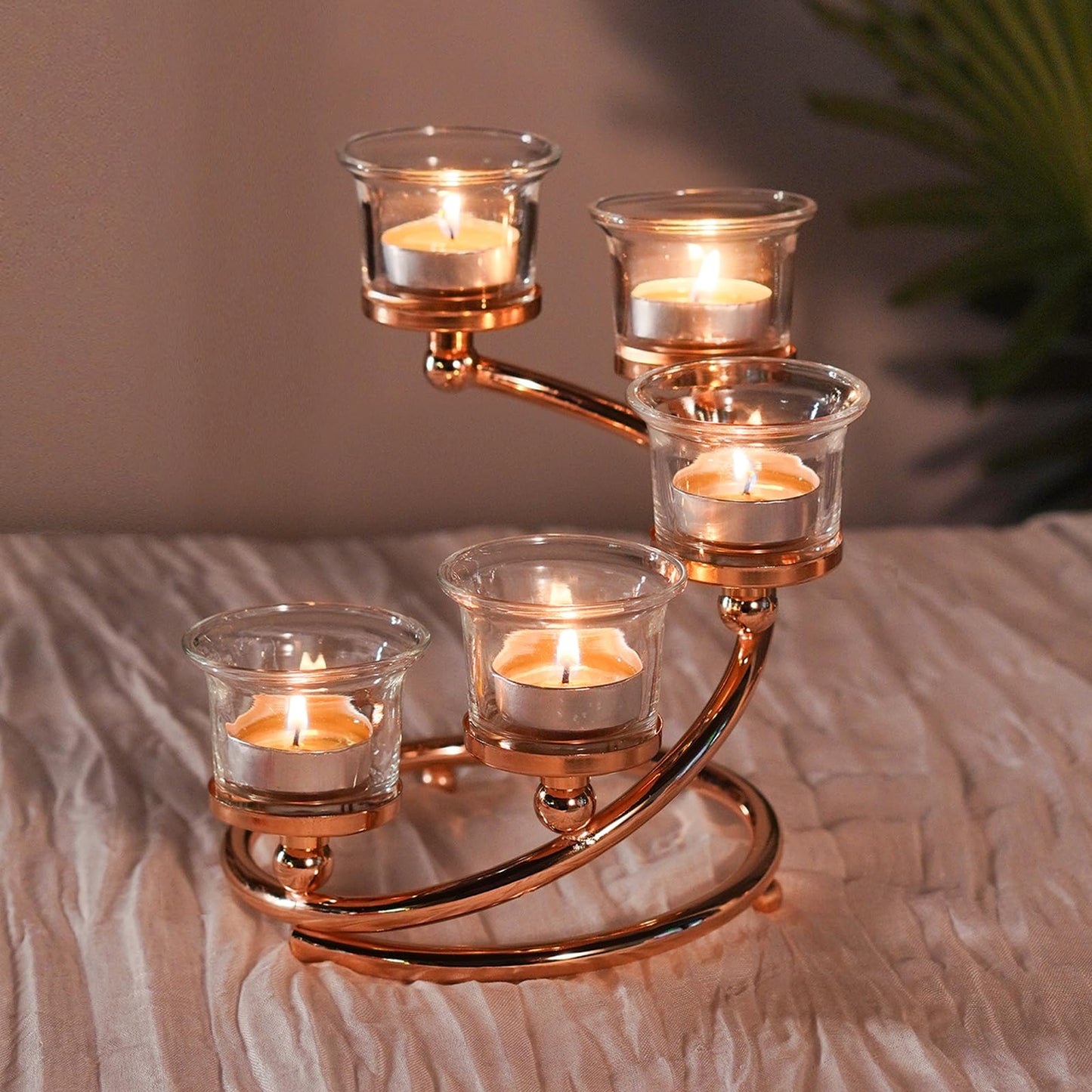 Kolnlala 1Pc Gold 5-arm Metal & Glass Tea Light Candle Holders for Table Centerpiece, Glass Votive Tealight Holders/Candelabra Candlestick Holders for Wedding,Party, Anniversary,Christmas