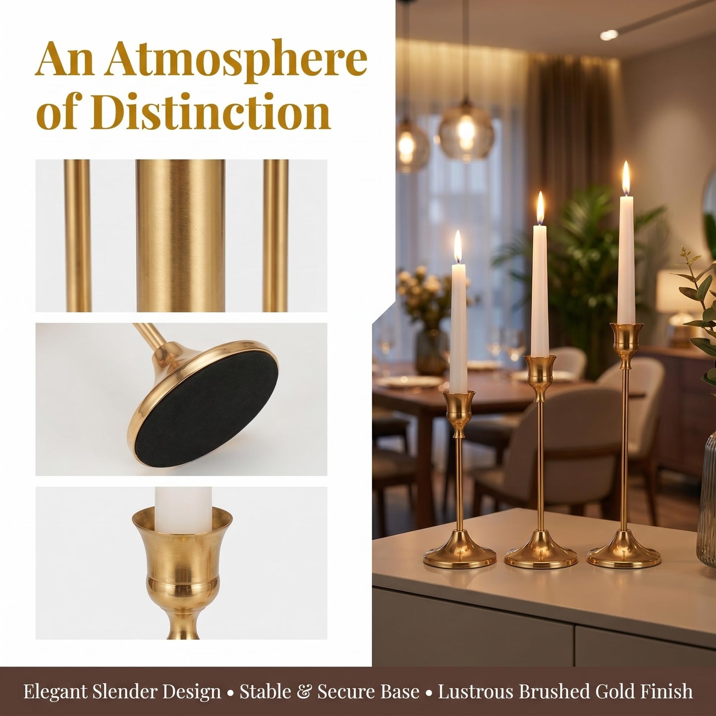 Oakernel Brass Taper Candle Holders 4 Sets(12 Pcs) - Tall Metal Candlestick Holders for Table Centerpiece, Formal Dinner, Wedding, Fireplace Mantel Decor, Fits 3/4 Inch Thick Candles
