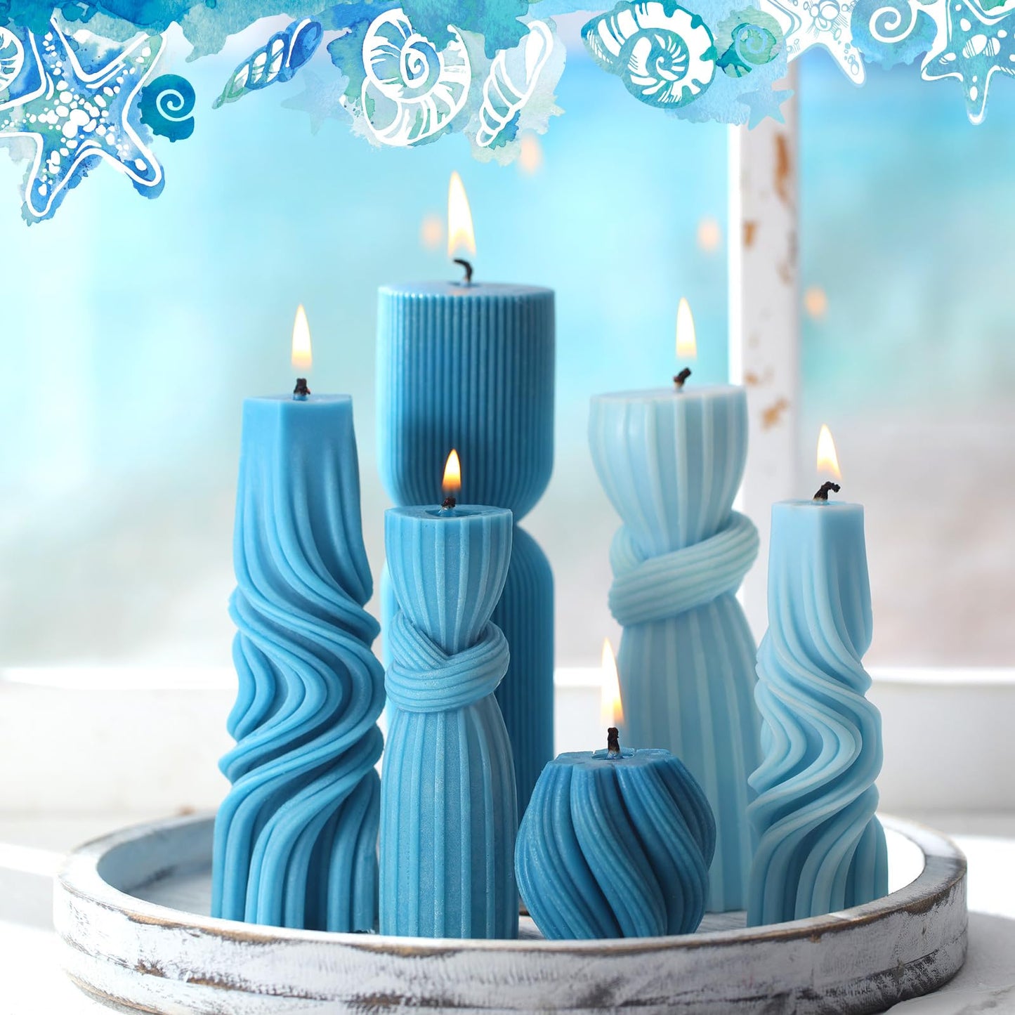 Threlaco 6 Pcs Pillar Candles Decorative Modern Aesthetic Ribbed Candle Set Cute Soy Wax Scented Ribbed Decor Commemorative Gift for Home Decoration(Blue,2.36-6.89 Inch)