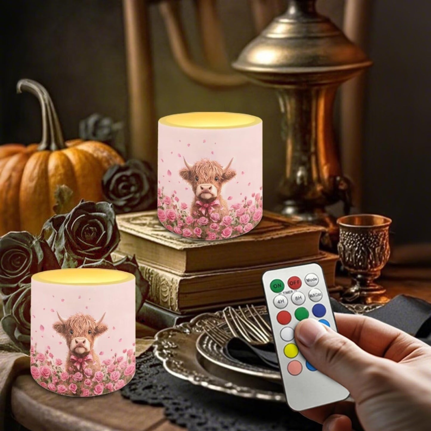 Merkmak Highland Cattle Print Battery Operated Flameless Candles with Remote and Timer Flameless LED Pillar Candles Valentines Day Home Decorations Pink Rose Print Tea Lights