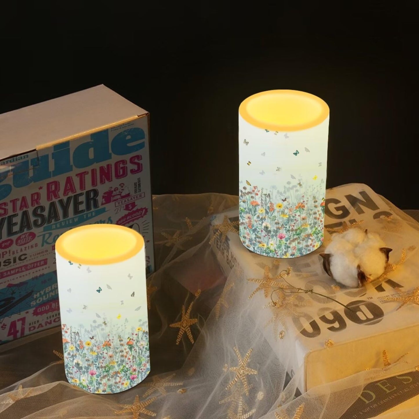 NETILGEN Flameless Candles LED Battery Operated Candles with Realistic Set of 2 with 18 Key Remote Control Timer Dancing Flame Pillar Candles for Home Farmhouse, Flower Butterfly Blue