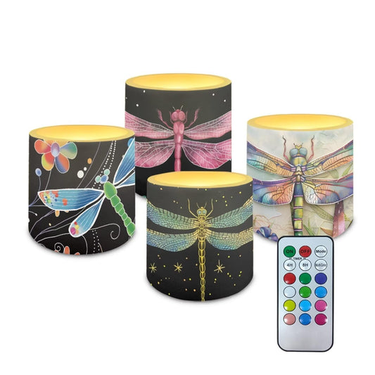 NETILGEN Vintage Flower Dragonfly Flameless Candles 4 Packs for Home Decoration Battery Operated Color Changing LED Pillar Candles with Timer Remote Control