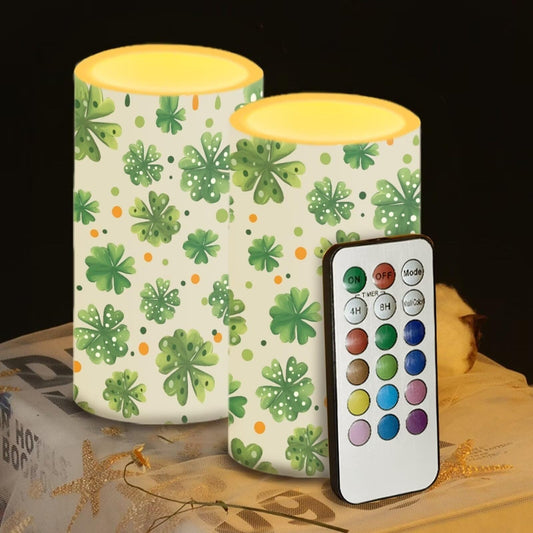 Luarisgur Lucky Leaves Flameless Candles St Patricks Day Candles Battery Operated Candles with Remote Control Color Changing LED Pillar Candles for Dining Room Bedroom Home Decorations