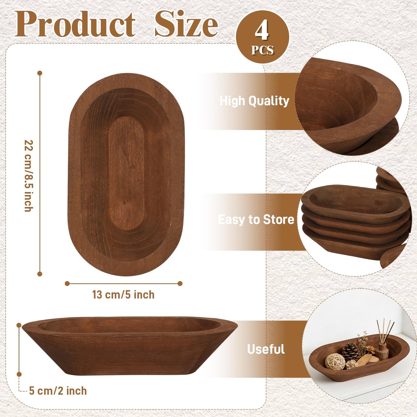 4 Pack Wooden Dough Bowls 8.5-inch Rustic-Style Dough Bowls, Vintage Design, Perfect for Table Centerpieces, Living Rooms, and Candle Making, Brown