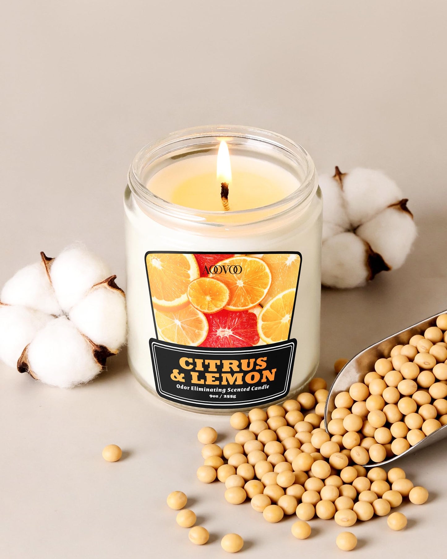 AOOVOO 4 Pack Citrus Lemon Odor Eliminating Candle - Up to 200 Hours Burn time, Eliminates 95% of Pet, Smoke, Food, and Other Smells Quickly, 36 oz Non Toxic Highly Fragranced Air Freshing Soy Candle