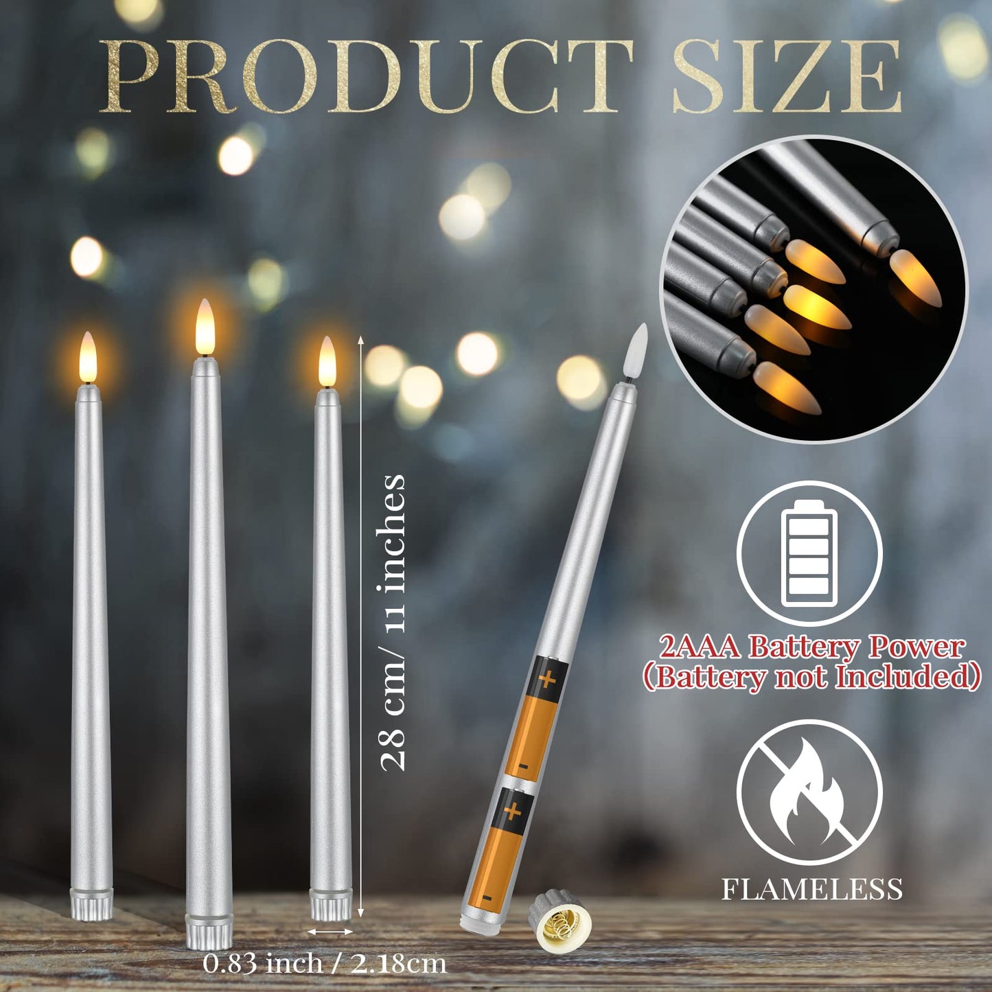 Macarrie 24 Packs Flameless Taper Candles Battery Operated Fake 11 Inch Long Candlelight LED Flameless Candlesticks Flickering Tapered for Spring Summer Wedding(Silver)