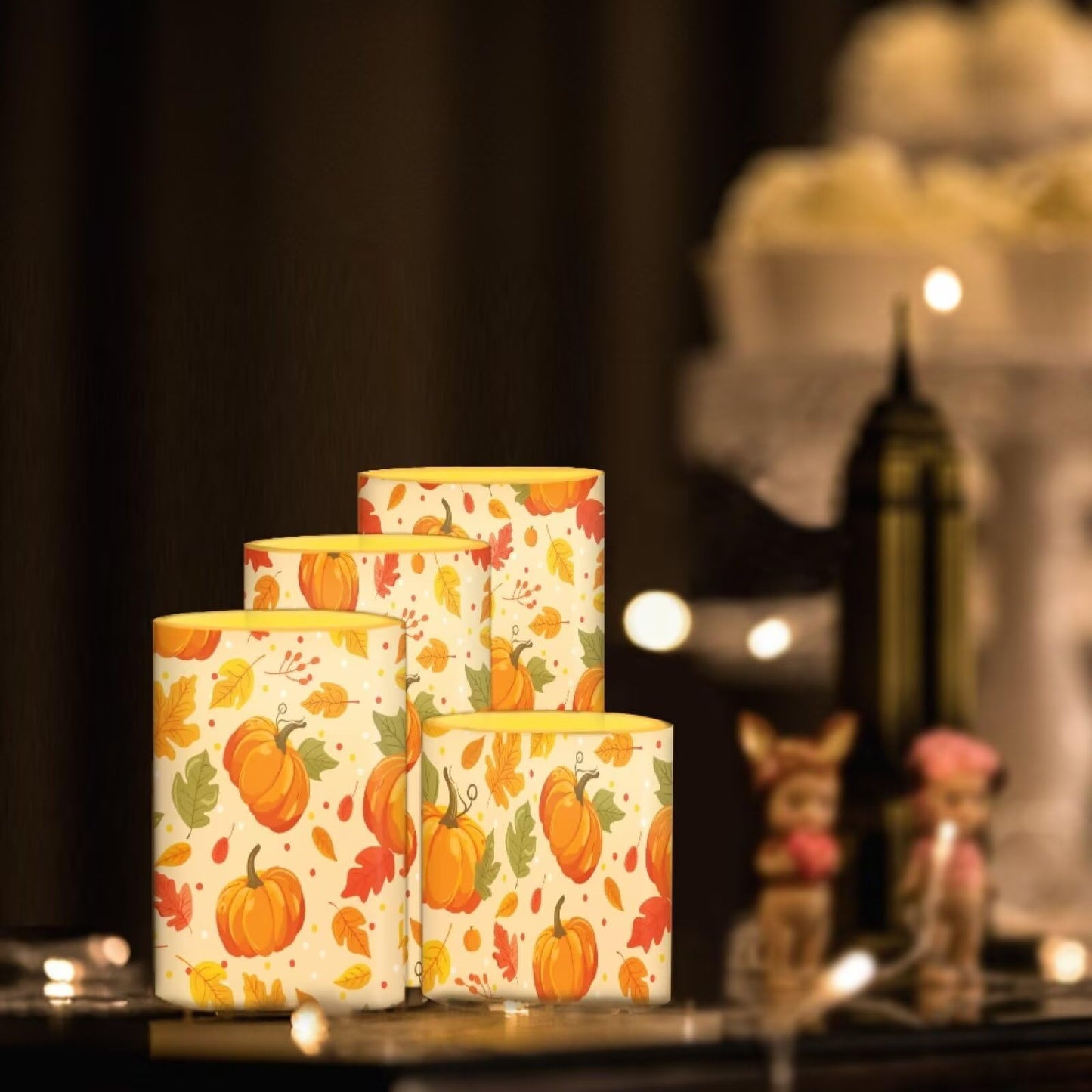NETILGEN 4 Pcs Flameless Flickering Candles with Remote Timer Control Battery Operated LED Pillar Candles Maple Leaf Pumpkins Thanksgiving Day Decor