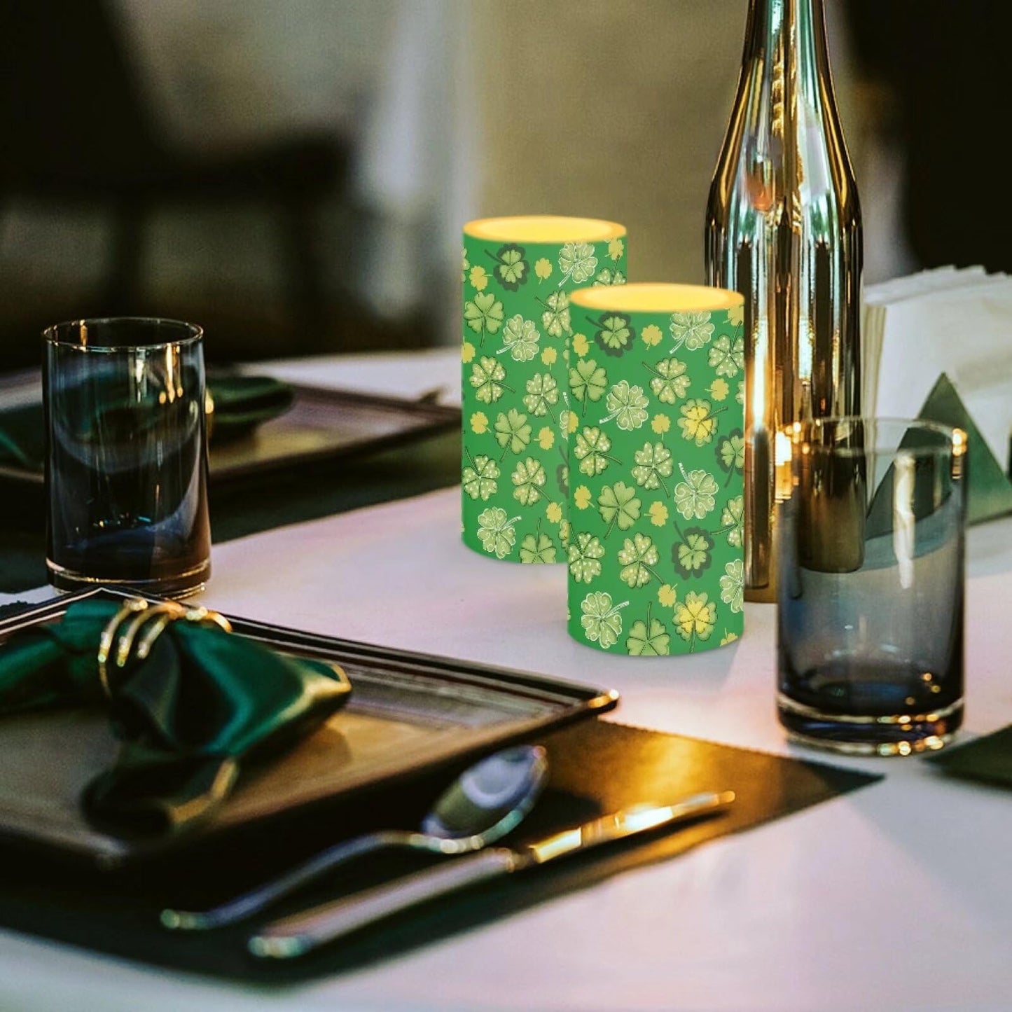 Luarisgur St Patricks Day Flameless Candles Green Leaves Candles Battery Operated with Moving Wick LED Pillar Candles 2 Pack 3 x 6 Inches for Home Decorations