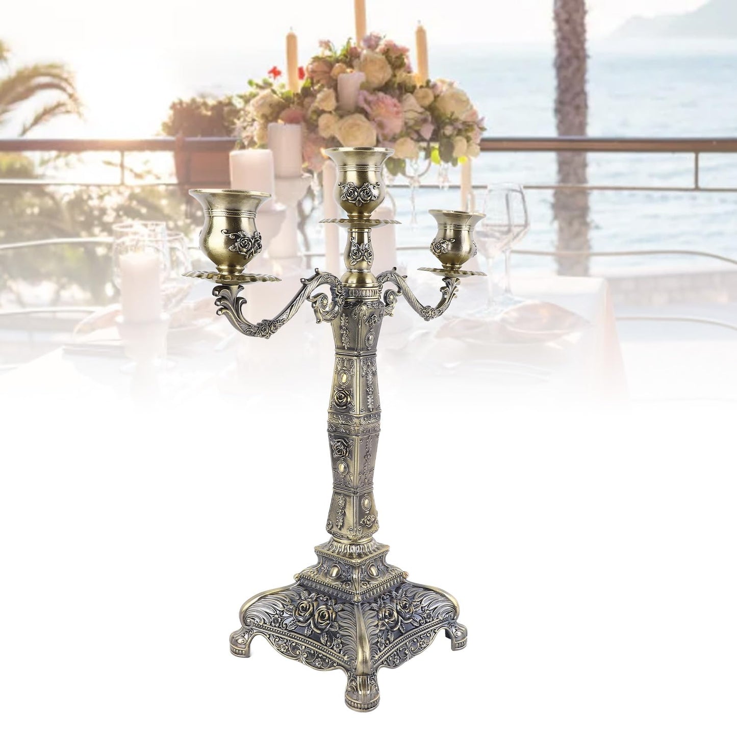 Tyenaza Metal Candelabra, European Style Retro Candlestick Holder Romantic Candle Holder Decoration Elegant Candle Stand for Wedding Dining Table Christmas Party Home Decoration (Bronze - 3 Heads)
