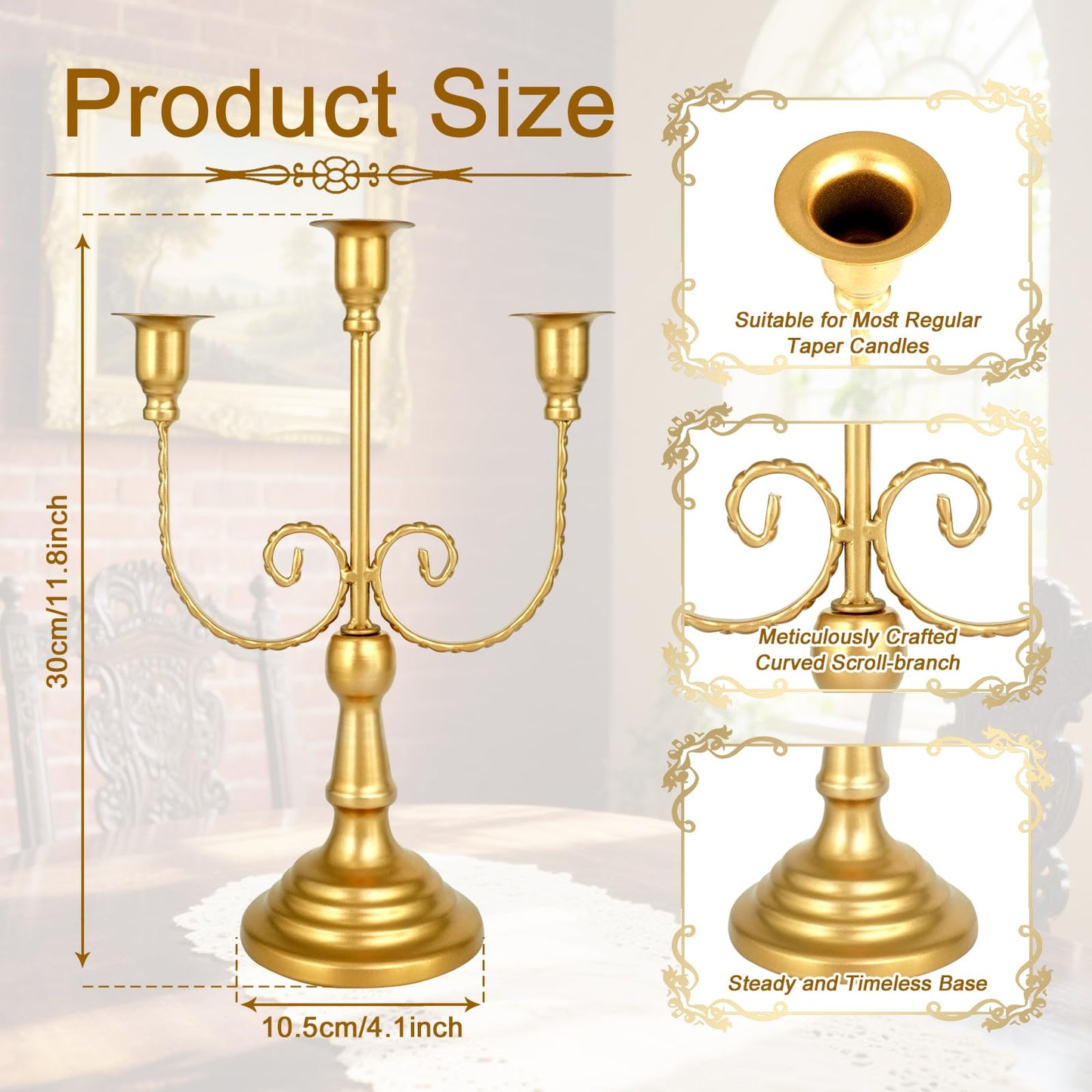 UCEHIPAW 8 Pcs Gold Candelabra 12 Inch 3 Arm Metal Candle Stand Wedding Candlestick Holder for Table Centerpieces Wedding Birthday Holiday Theme Party