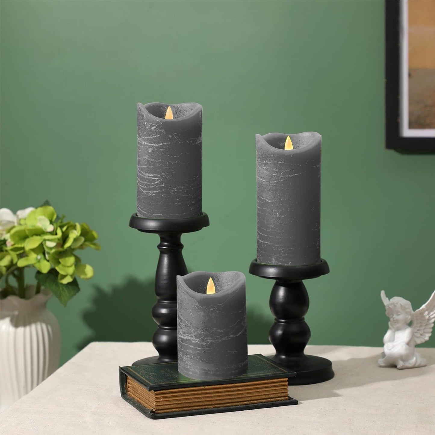 EZiKitchen Real Wax Flameless Candles Set of 3 (D 3" x H 4" 5" 6") Battery Operated LED Candle with Timer Home Decorative Pillar Flickering Lights,Wedding Party Events Decor,Grey
