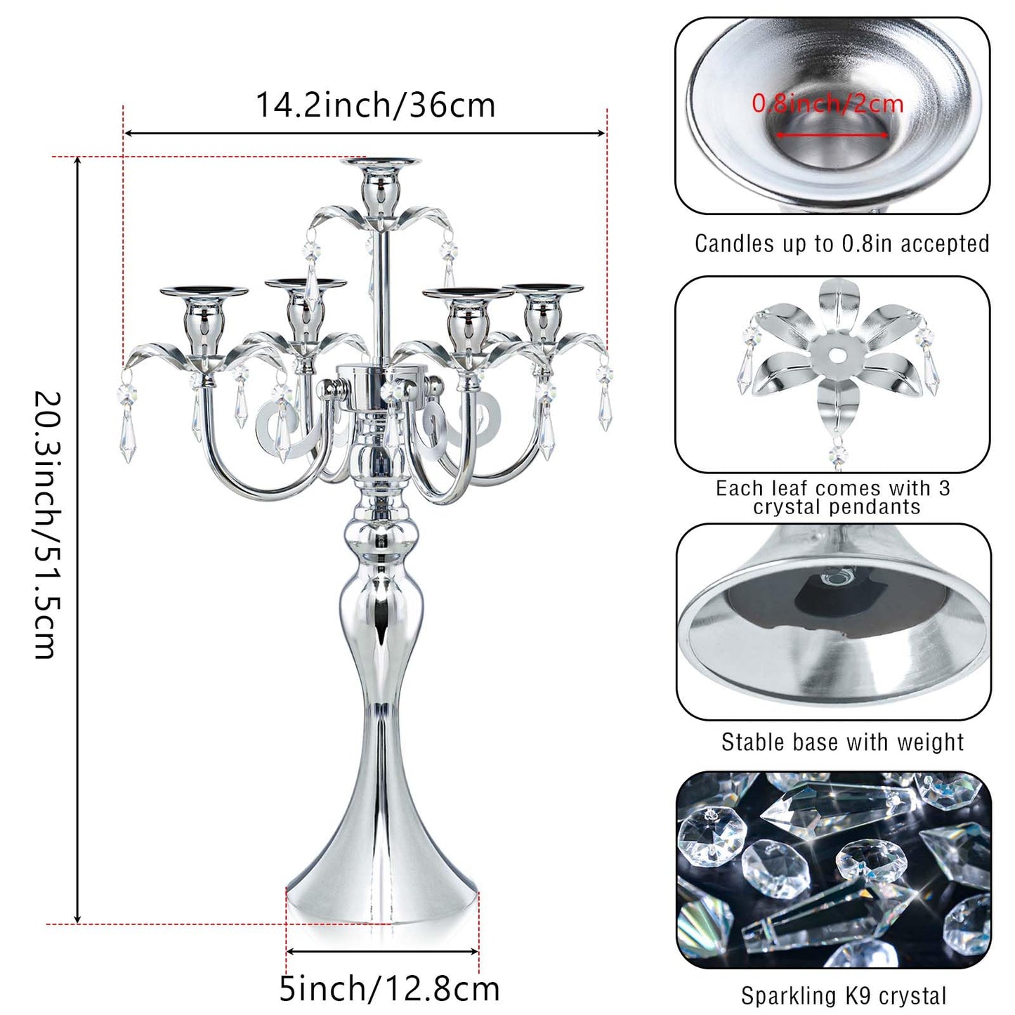 20.3'' Tall 5 Arm Candle Holder Centerpiece for Table, Metal Candelabra Candle Holder, Retro Candlestick Table Centerpieces for Party, Events, Home, Wedding Decor (1Pc, Silver)