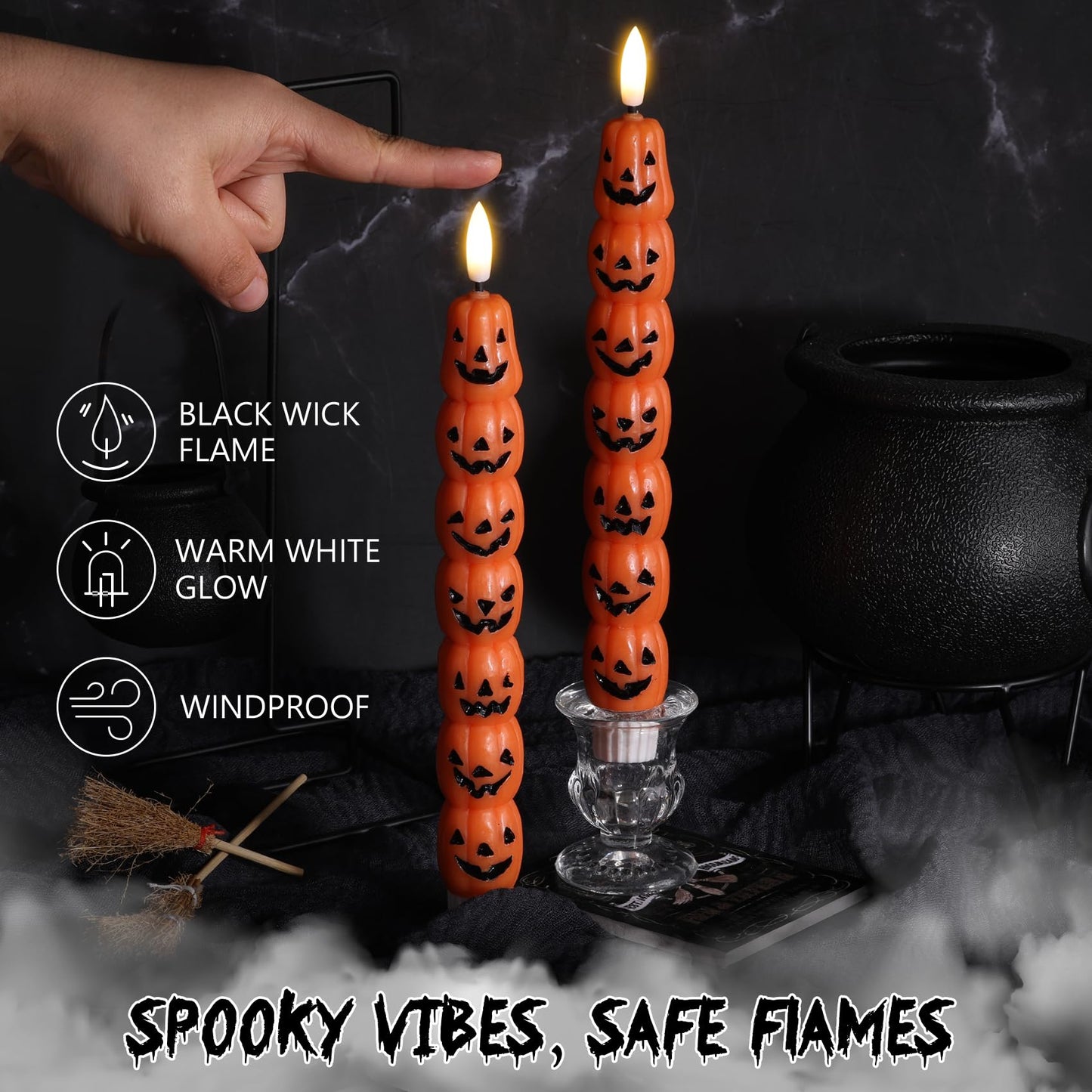 Eywamage Halloween Flameless Taper Candles with Remote, Orange Pumpkin LED Candlesticks Battery Operated Flickering Real Wax Set of 4