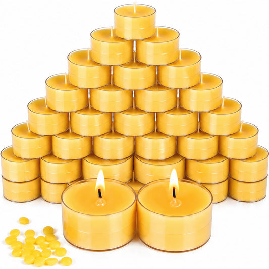 6 Hours Beeswax Tealight Candles Bulk, 40 Packs 100% Pure Beeswax Tea Lights Candle in Clear Cup,Natural Scent Bees Wax Candles Smokeless Clean Burning for Wedding Church Home Decor, Air Purification
