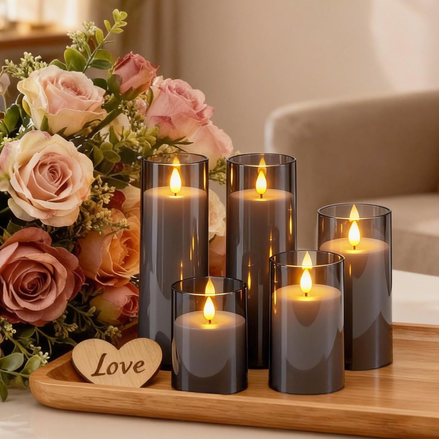Raycare Flameless Candles Battery Operated with Remote Timer, Acrylic Flickering LED Pillar Candle for Christmas Decoration, Home Decor, Gift for Family and Friend, Grey, Set of 5