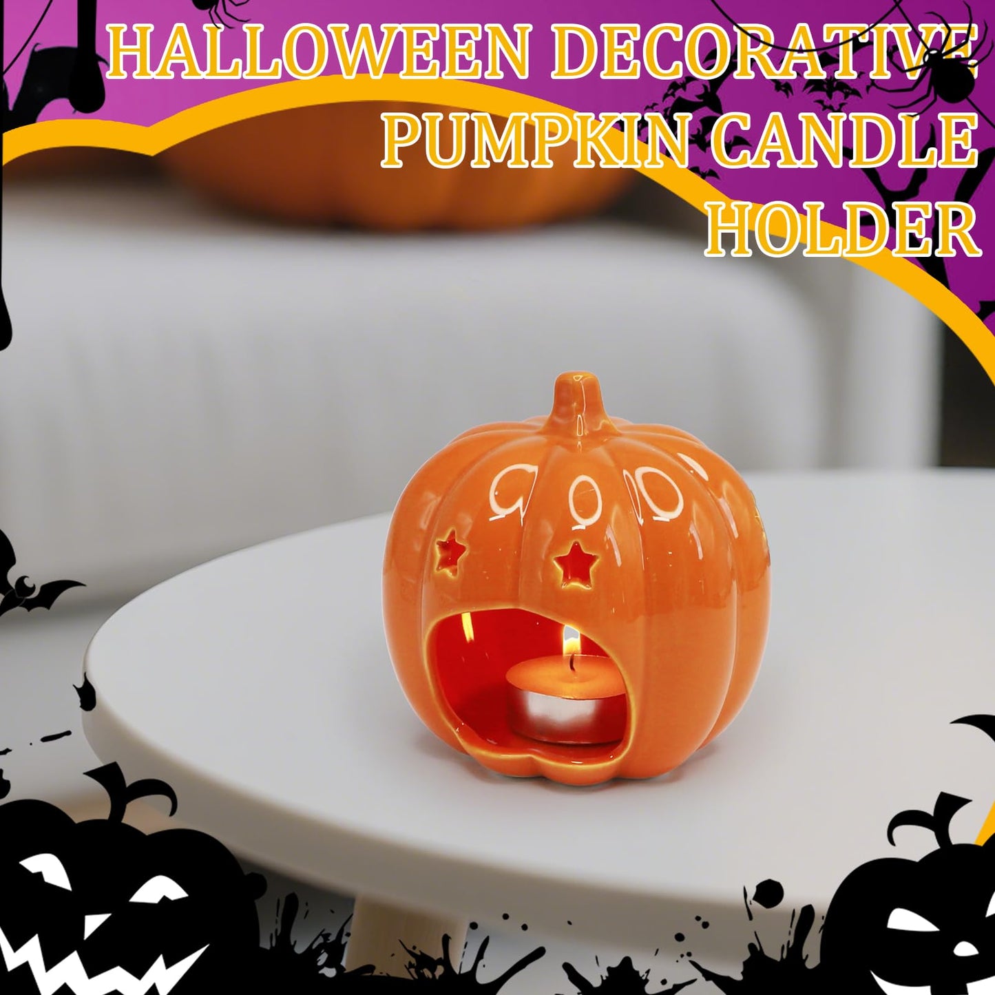 Halloween Pumpkin Candle Holder, Ceramic Candle Stick Holder with Star Hole, Orange Candle Holders for Candlesticks, Halloween Decor Gift for Daughter, Mother, Girlfriend & Kids