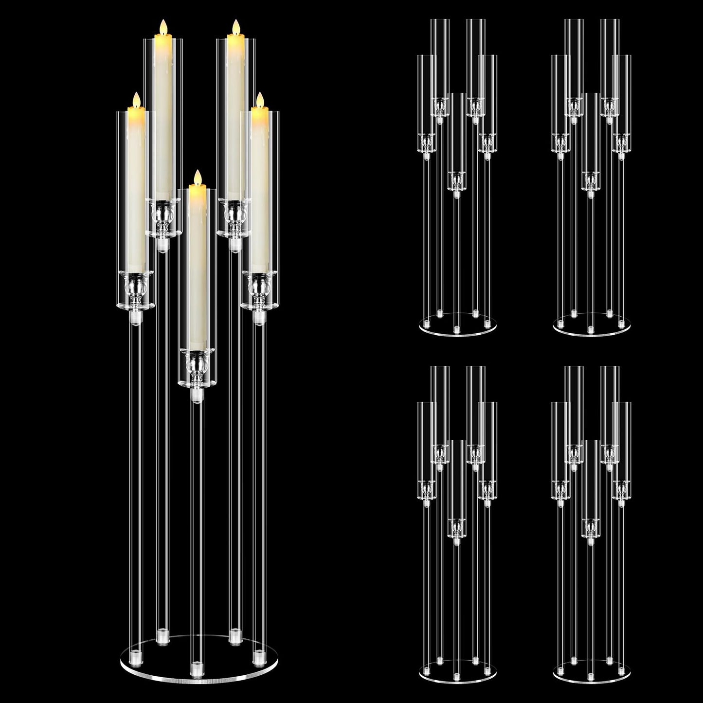 4 Set 5 Arm Acrylic Candle Holder, Mjkeomo 34.6'' Tall Candelabra Centerpieces for Tables Clear Candlesticks Holder with Lampshade for Housewarming Gift Fireplace Dinner Decor Fit 0.87'' LED Candle