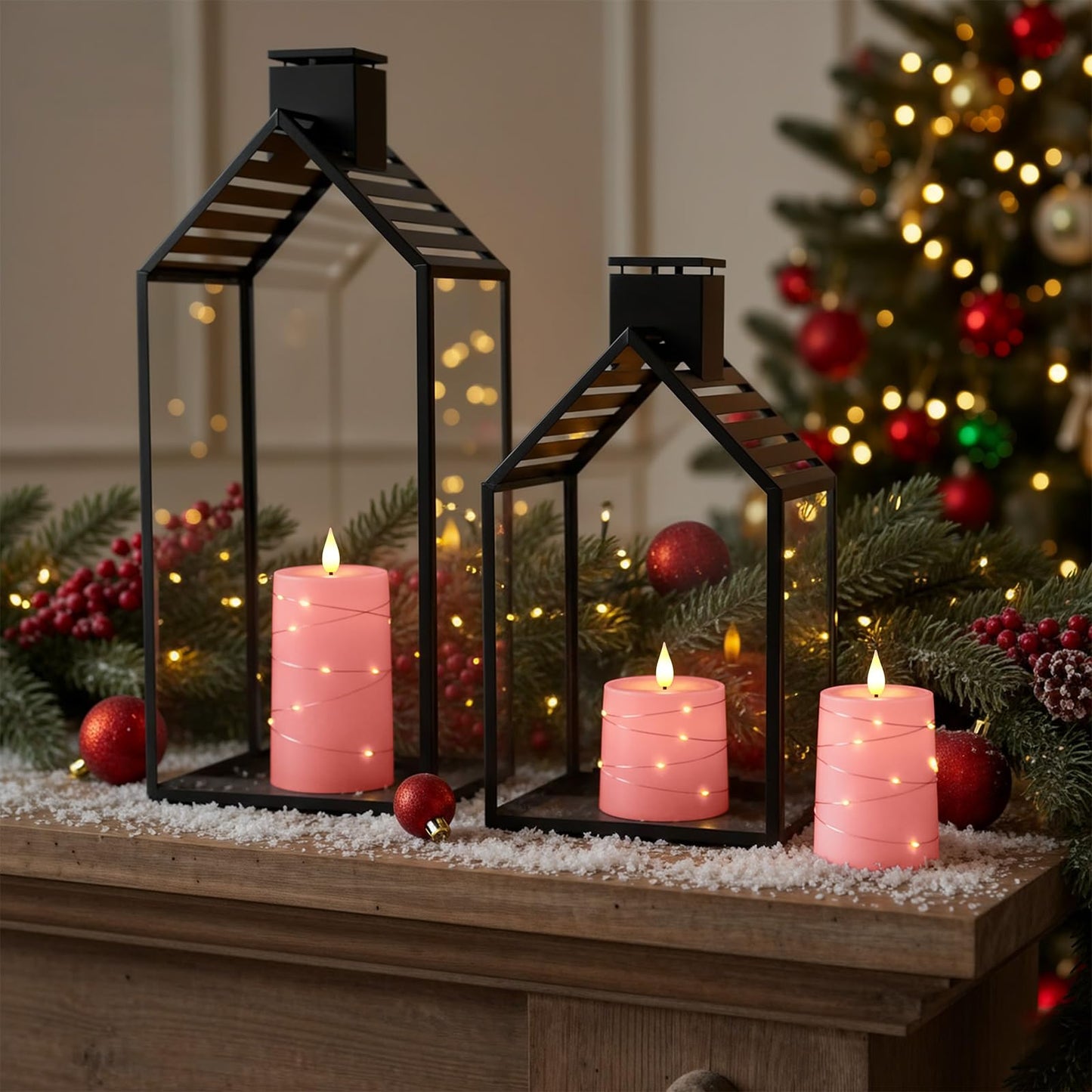 Raycare Easter Pink Flameless Candles with Remote Timer, Flickering Battery Operated LED Pillar Fake Candle with String Lights for Home Decor, Christmas, Wedding and Gift, Set of 3