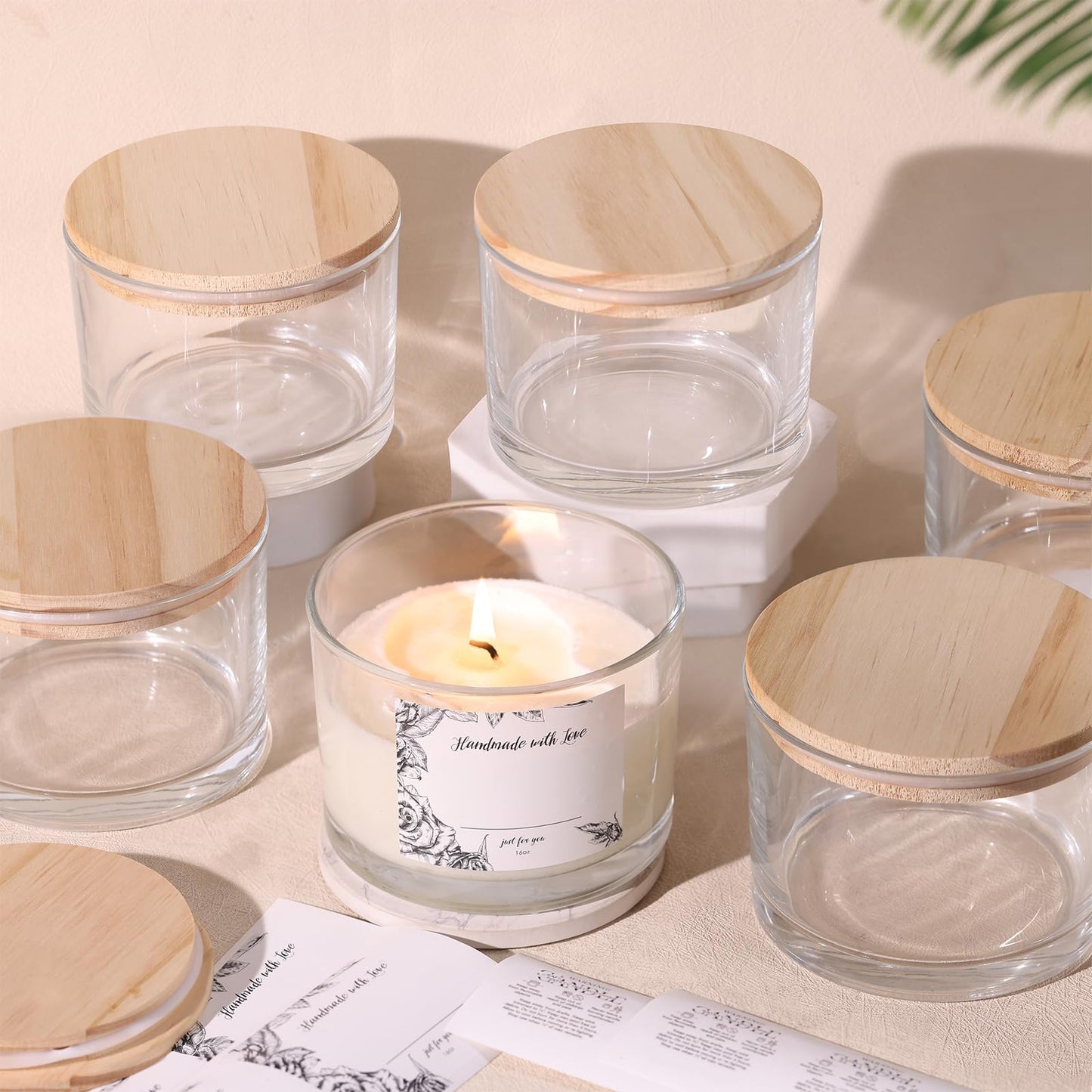 simeitol 16 OZ Clear Candle Jars for Making Candles 6 Pcs, Glass Candle Jar with Airtight Bamboo Lids - Empty Candle Jars Bulk with Sticky Warning Labels - Dishwasher Safe