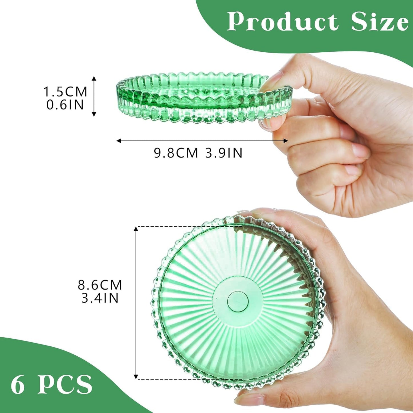 4" Glass Candle Holder,Green Round Crystal Candle Plate,Decorative Glass Pillar Candle Plate,Aromatherapy Candle Pad for Christmas, Birthday, Wedding Table Centerpiece, Set of 6