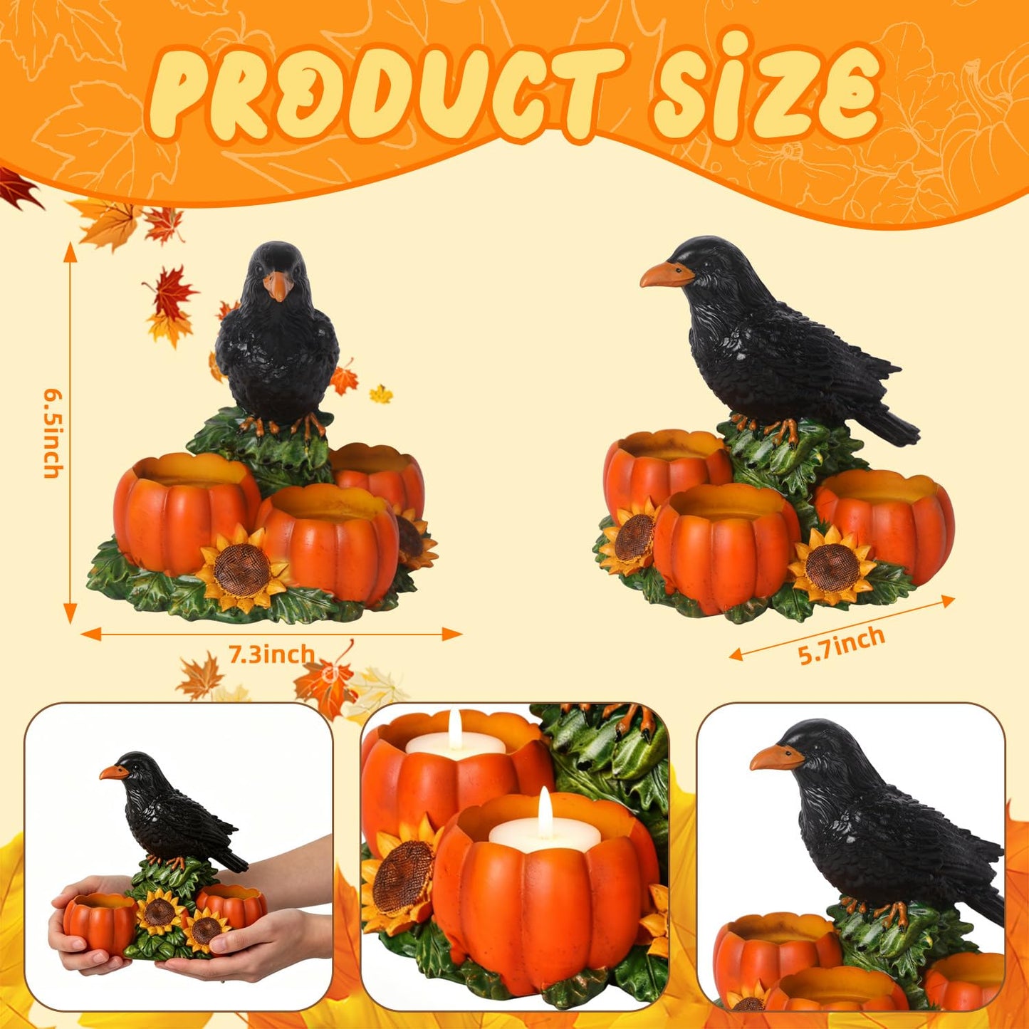 Halloween Raven Candle Holder Resin Black Crow Figurine with 3 Pumpkin Tealight Holders & Sunflower, Halloween Table Decorations for Fall Harvest Centerpiece and Thanksgiving