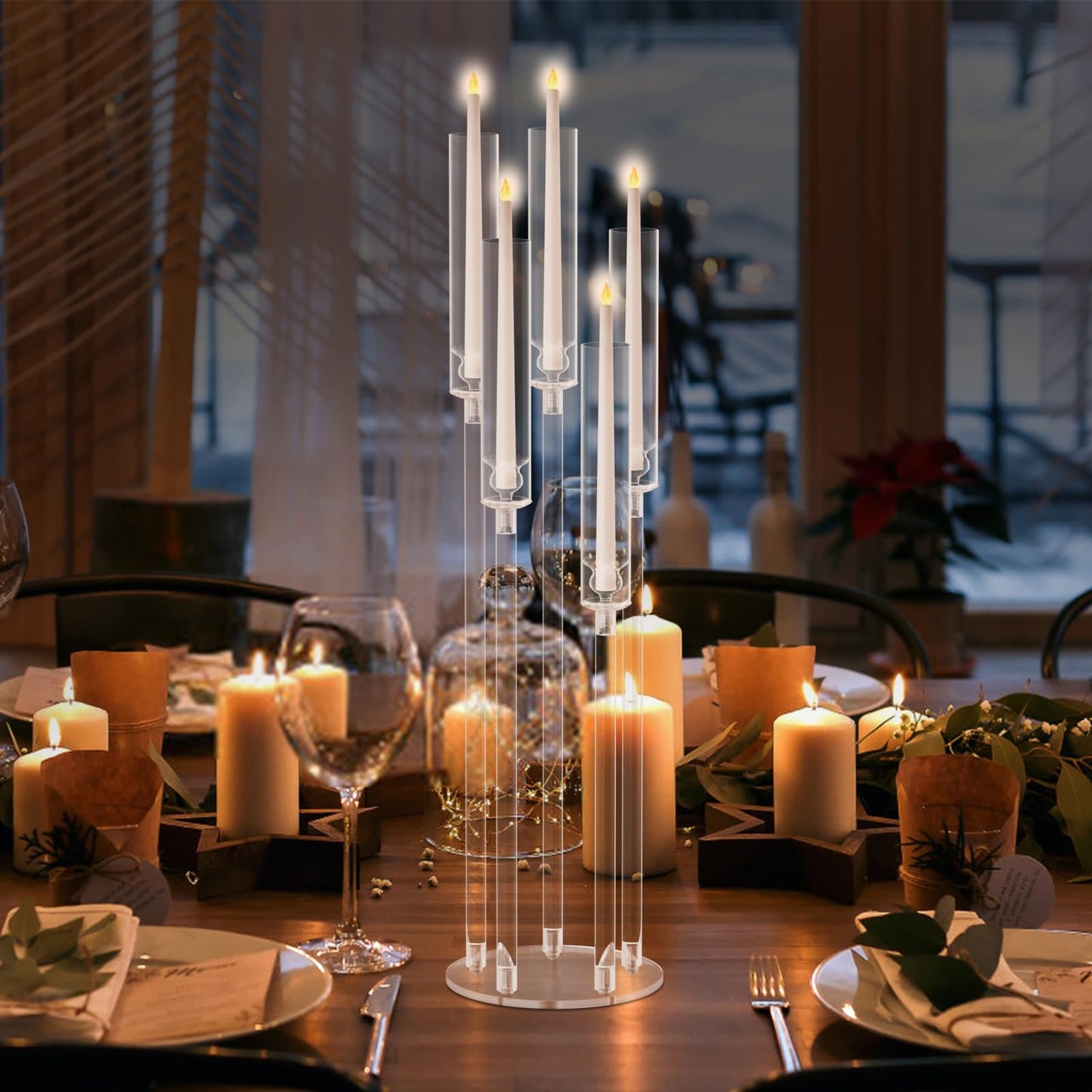 4 Pack Acrylic Candelabra Centerpieces, 5 Arm Clear Candlestick Holder with Acrylic Shade, 3 Height Adjustable Taper Candle Holder for LED Candles (Diameter ≤0.86”), Wedding Table Decoration 1 S