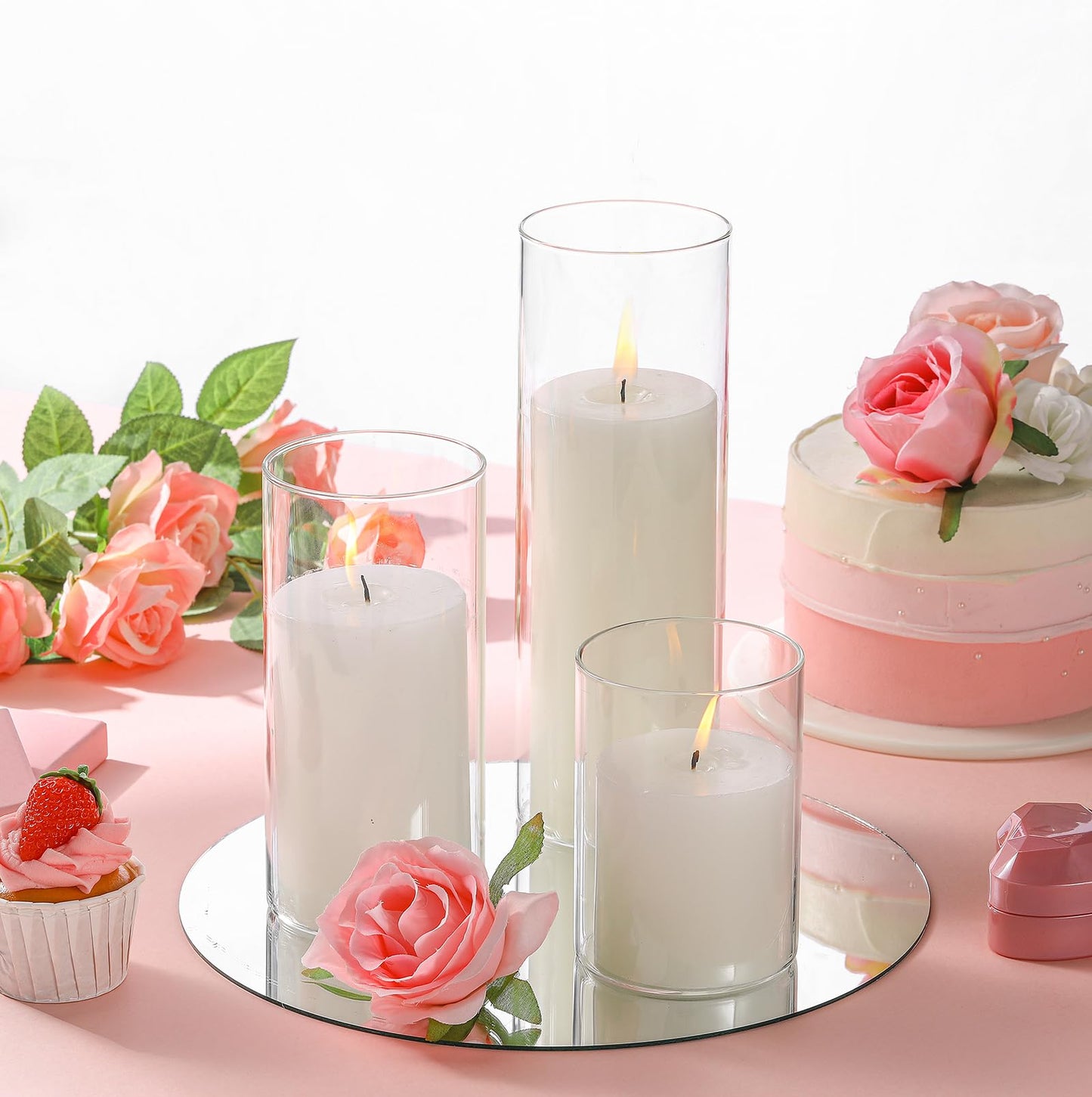 Shihanee Set of 3 Pillar Candles and 3 Glass Cylinder Candle Vases Holders Clear Pillar Jars for Wedding Centerpieces(3'' x 5.9'', 7.9'', 9.8'',White)
